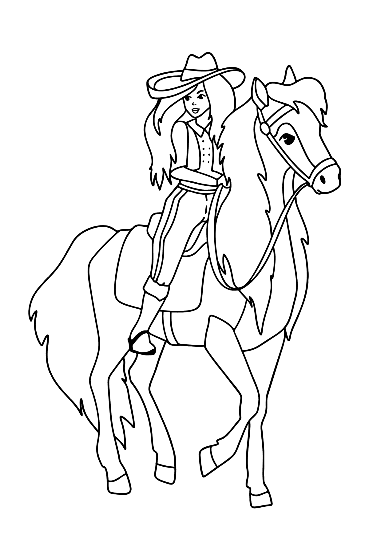 Tegning til fargelegging Jente på hest - Tegninger til fargelegging for barn