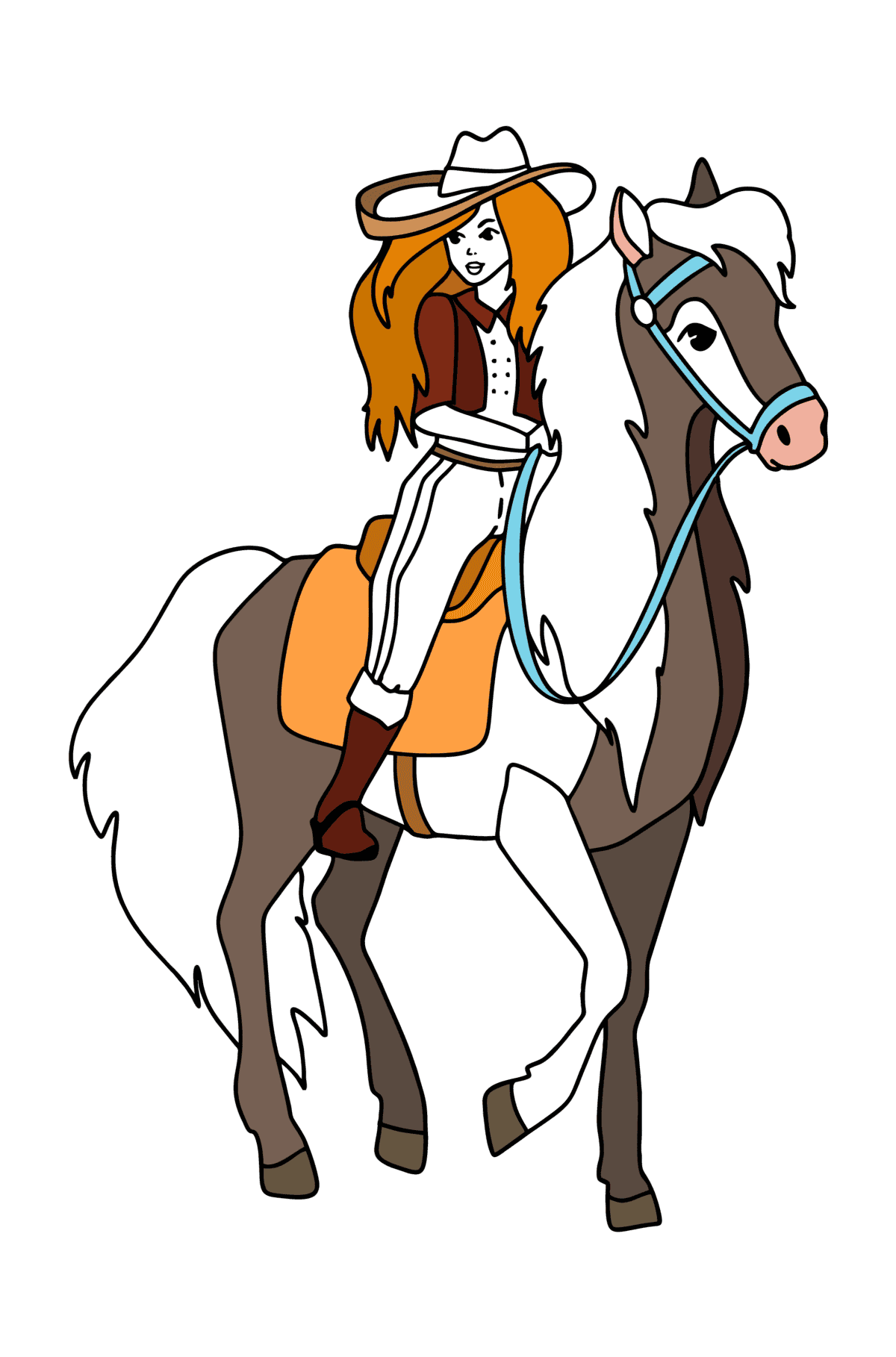 Tegning til farvning Pige på hest - Tegninger til farvelægning for børn