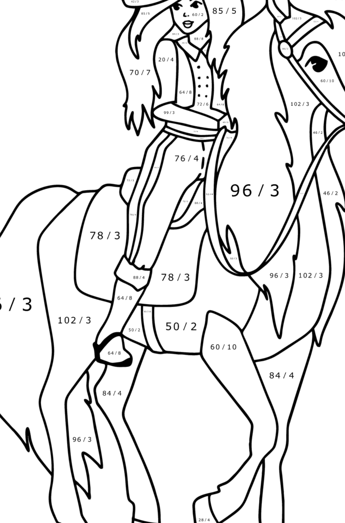 Mewarnai gambar Gadis di atas kuda - Pewarnaan Matematika: Pembagian untuk anak-anak