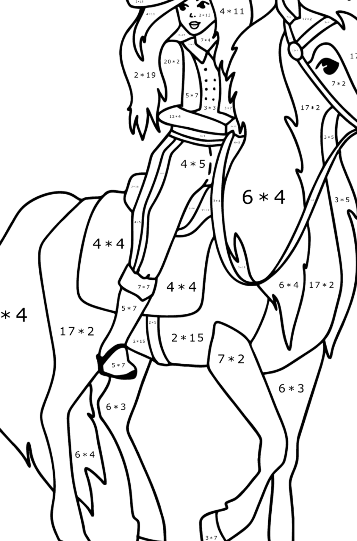 Mewarnai gambar Gadis di atas kuda - Pewarnaan Matematika: Penjumlahan untuk anak-anak