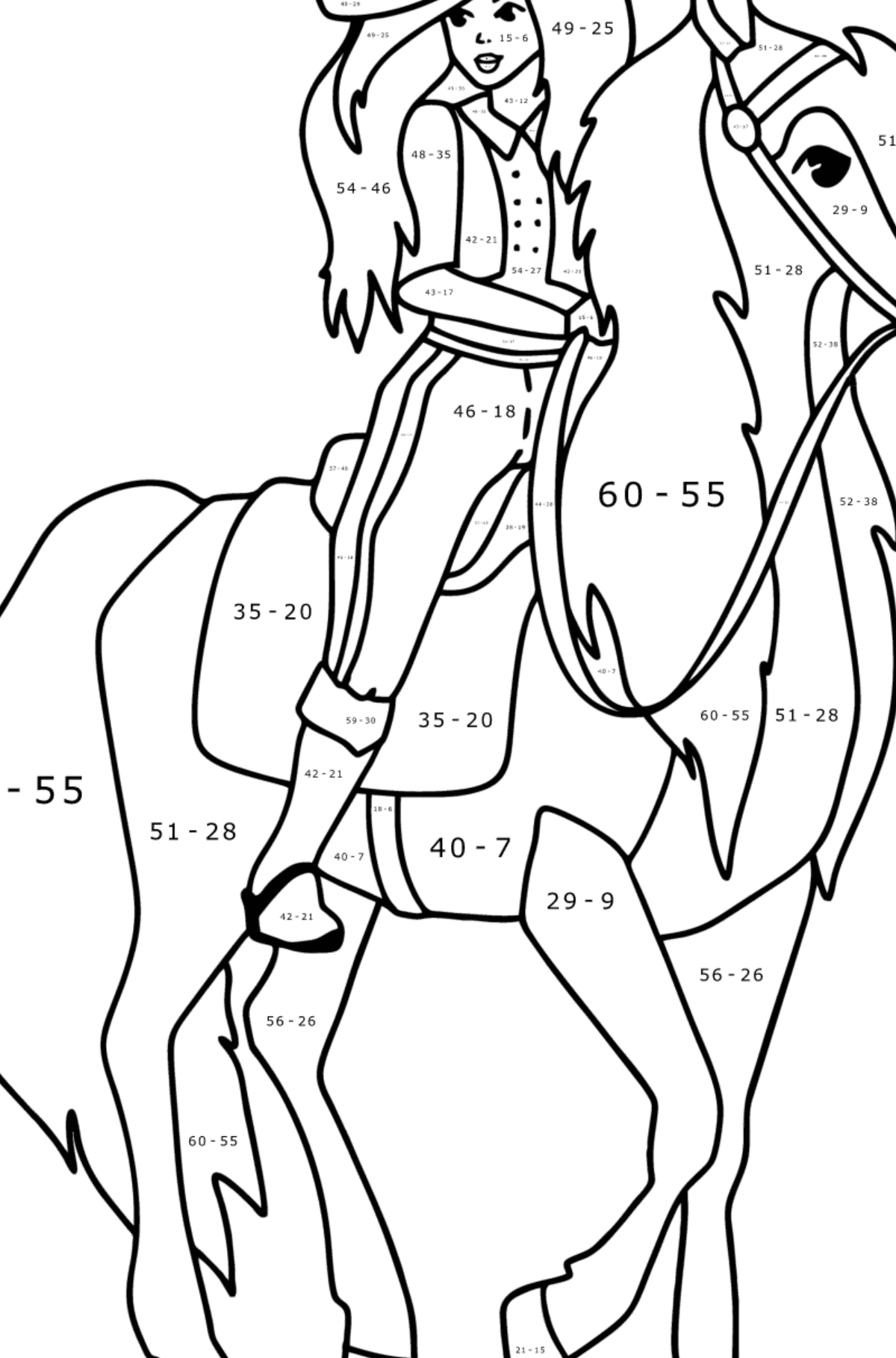 Mewarnai gambar Gadis di atas kuda - Pewarnaan Matematika: Pengurangan untuk anak-anak