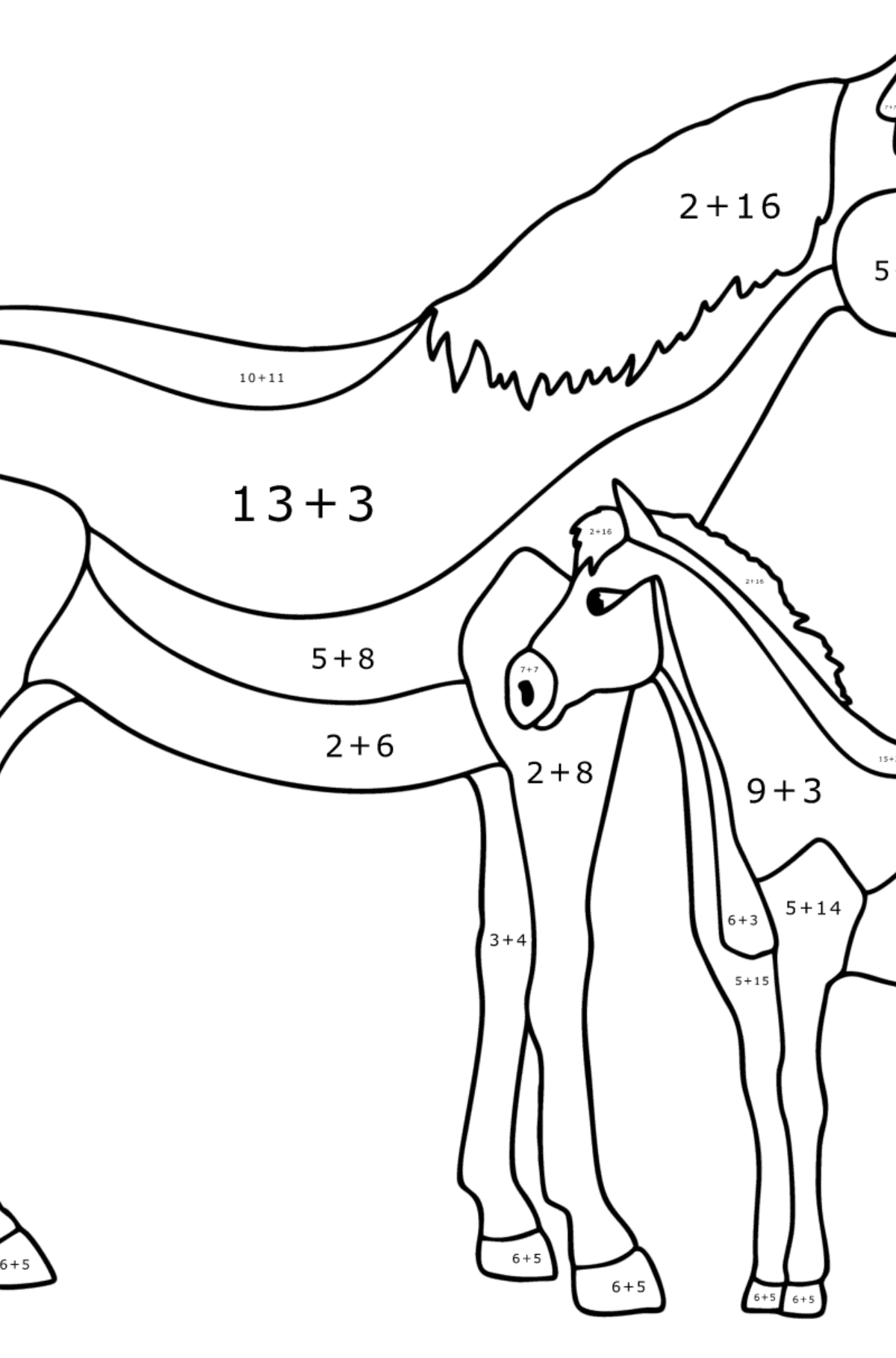 Mewarnai gambar Kuda dan anak kuda - Pewarnaan Matematika: Pertambahan untuk anak-anak