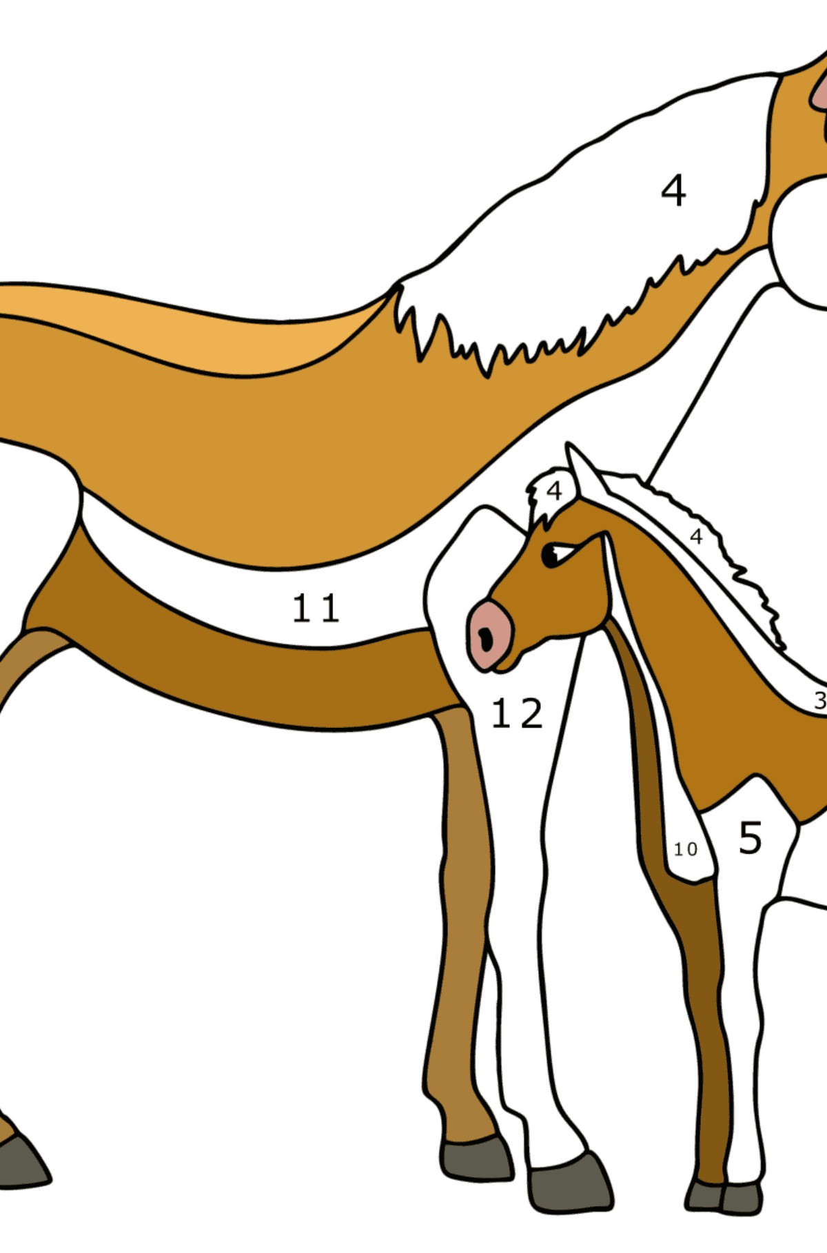 Kolorowanka Koń i źrebię - Koloruj według numerów dla dzieci