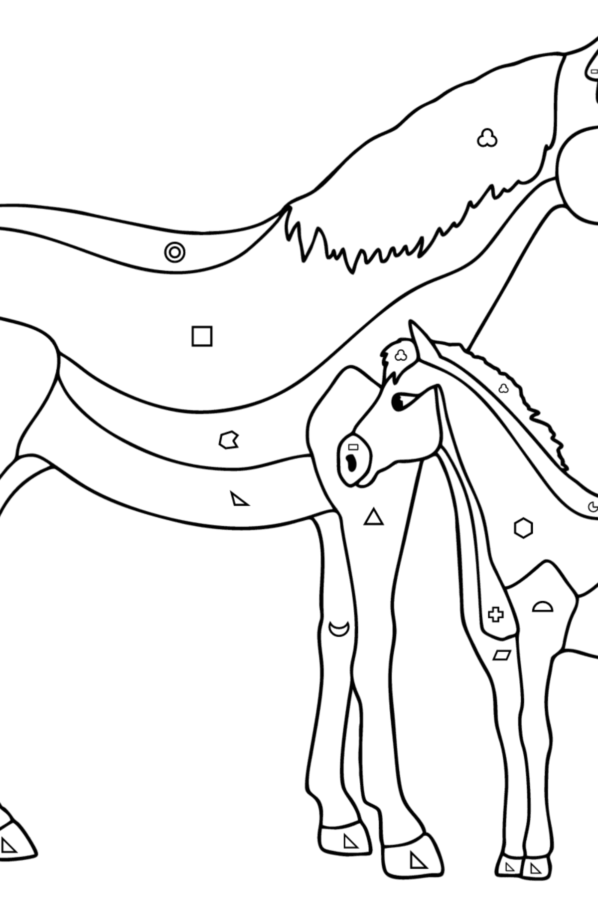 Mewarnai gambar Kuda dan anak kuda - Pewarnaan mengikuti Bentuk Geometris untuk anak-anak