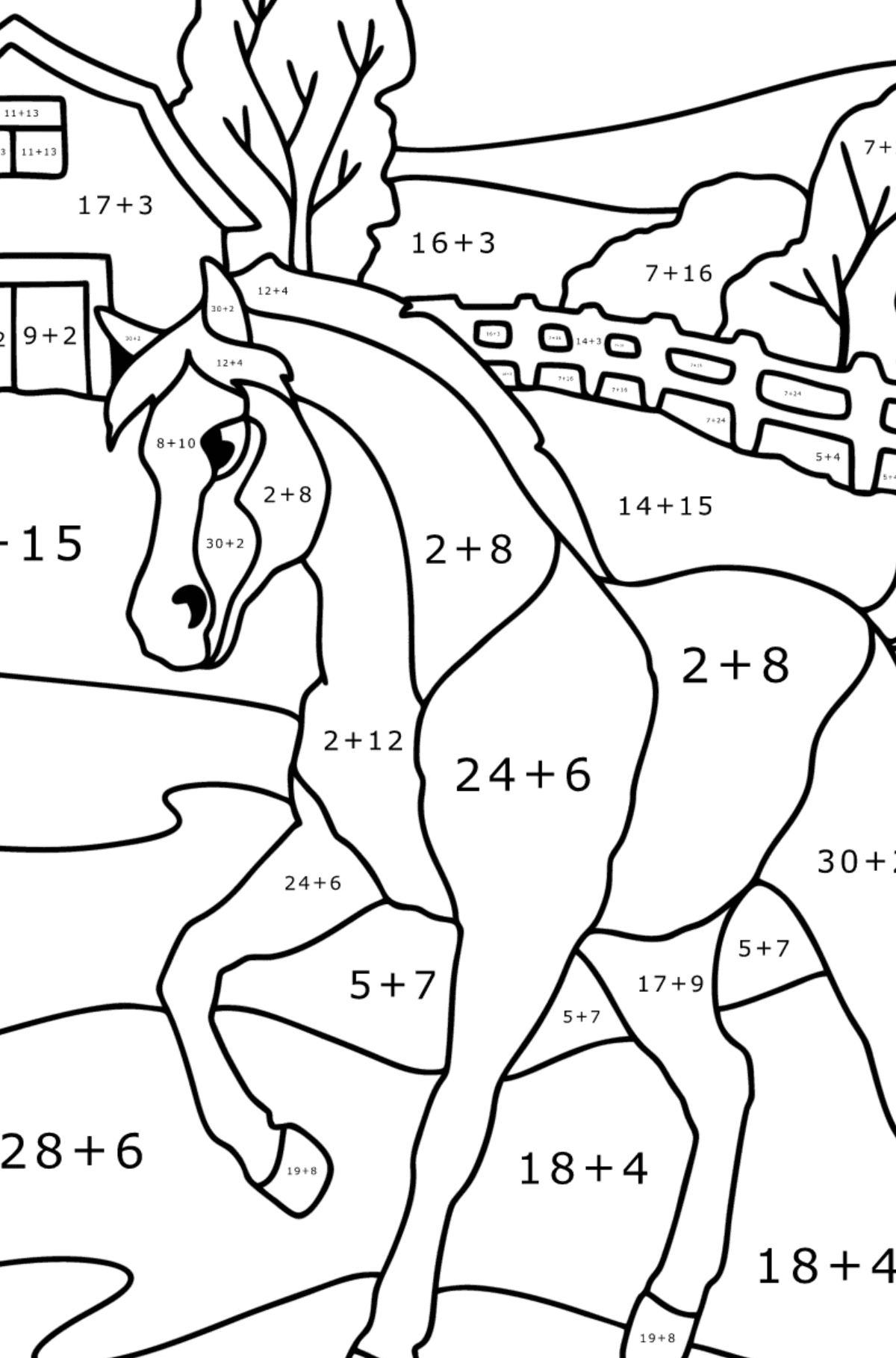 Mewarnai gambar Kuda di peternakan - Pewarnaan Matematika: Pertambahan untuk anak-anak