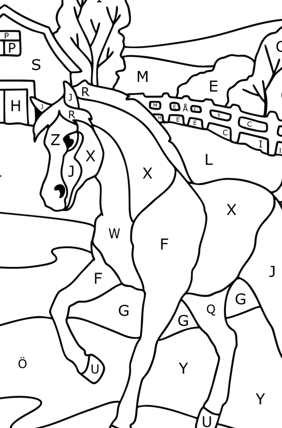 Målarbild Häst på gården - Färgläggning av bokstäver För barn