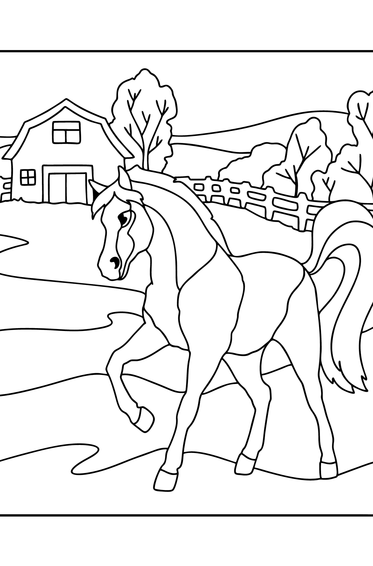 Tegning til farvning Hest på gården - Tegninger til farvelægning for børn