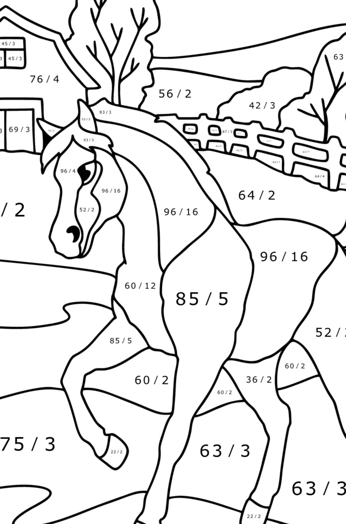Mewarnai gambar Kuda di peternakan - Pewarnaan Matematika: Pembagian untuk anak-anak