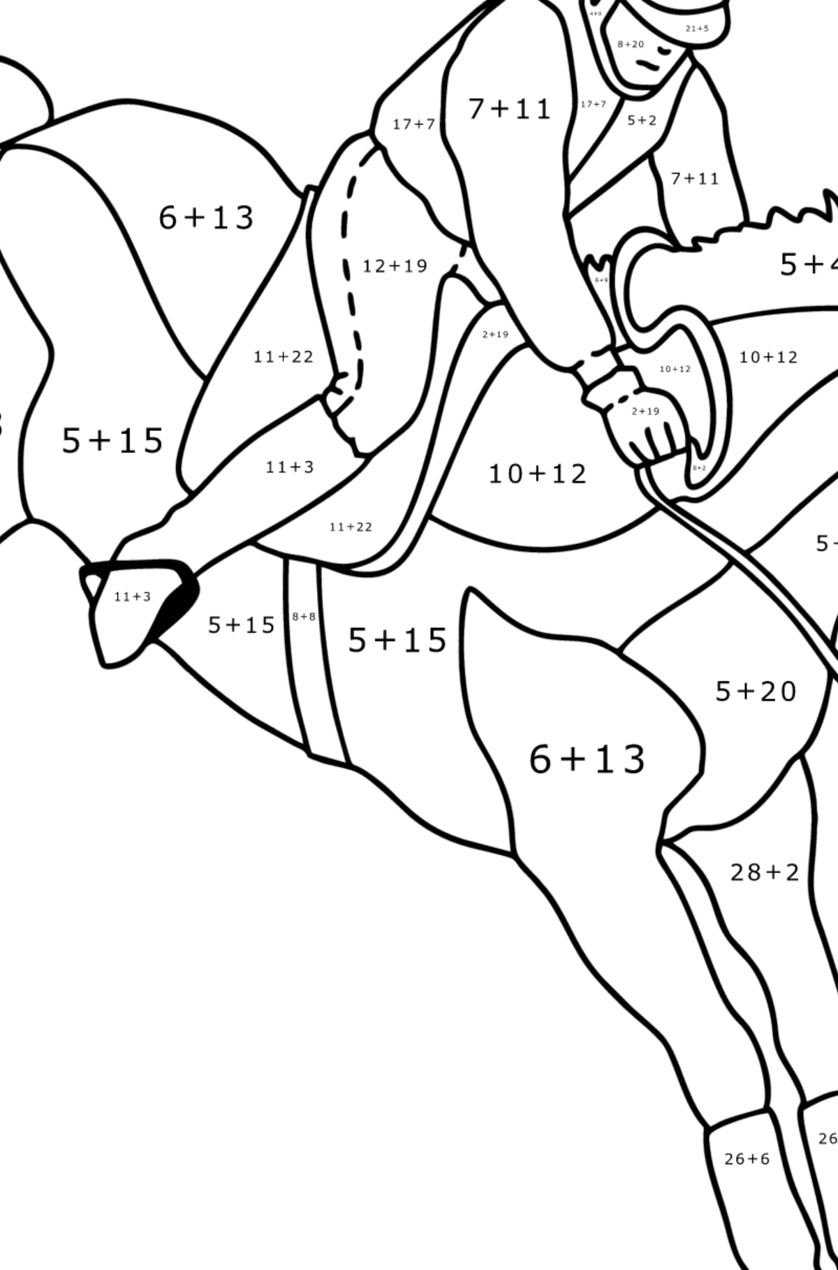 Mewarnai gambar Menunggang kuda - Pewarnaan Matematika: Pertambahan untuk anak-anak