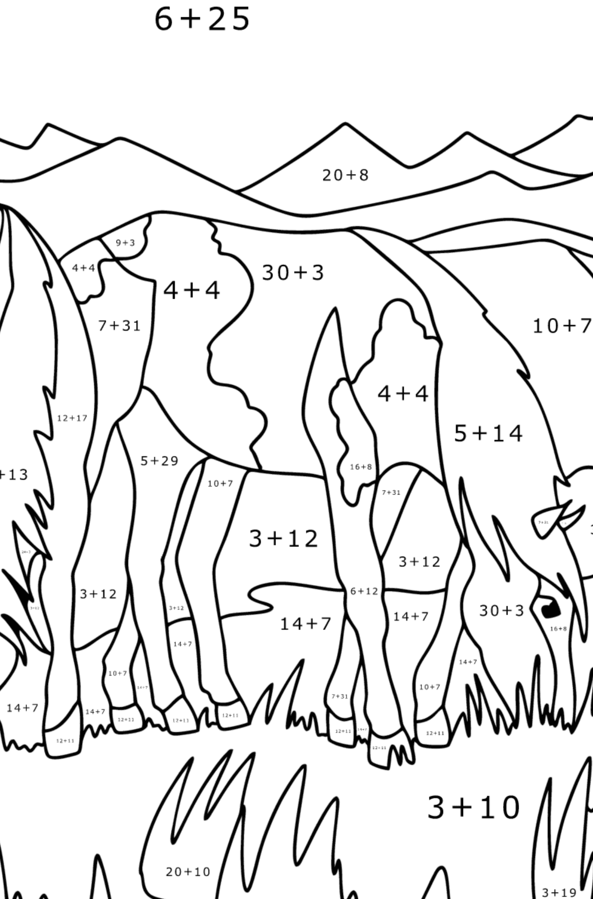 Kleurplaat Paarden grazen - Wiskunde kleurplaten - optellen voor kinderen