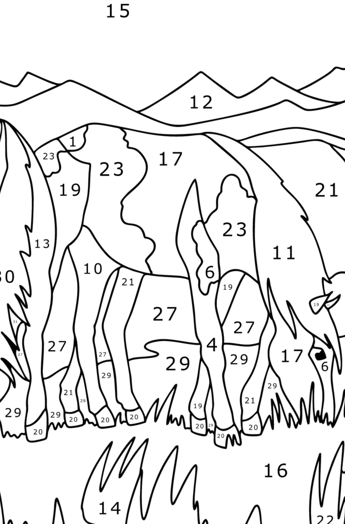 Kleurplaat Paarden grazen - Kleuren op nummer voor kinderen