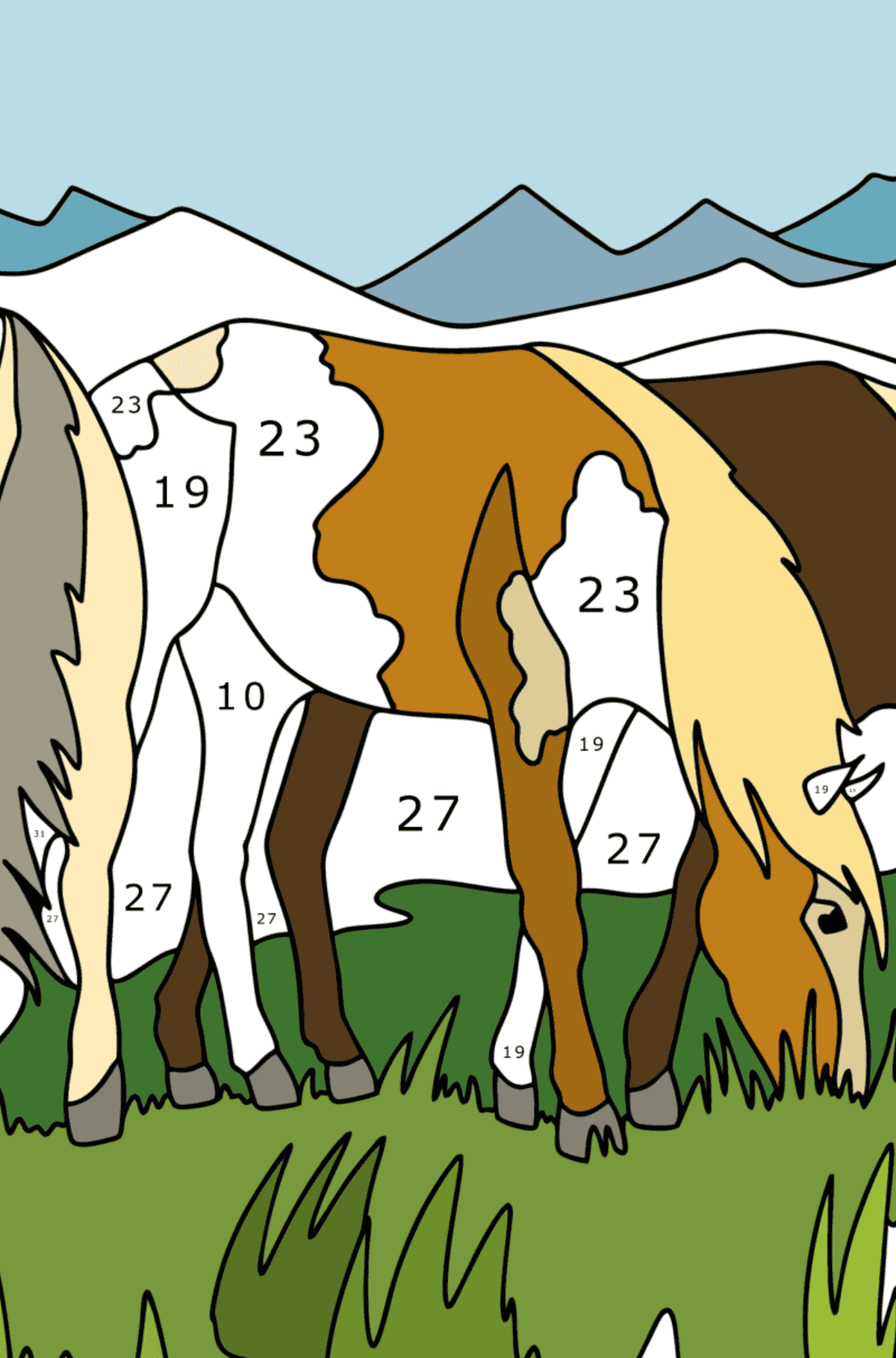 Ausmalbild Pferde grasen - Malen nach Zahlen für Kinder