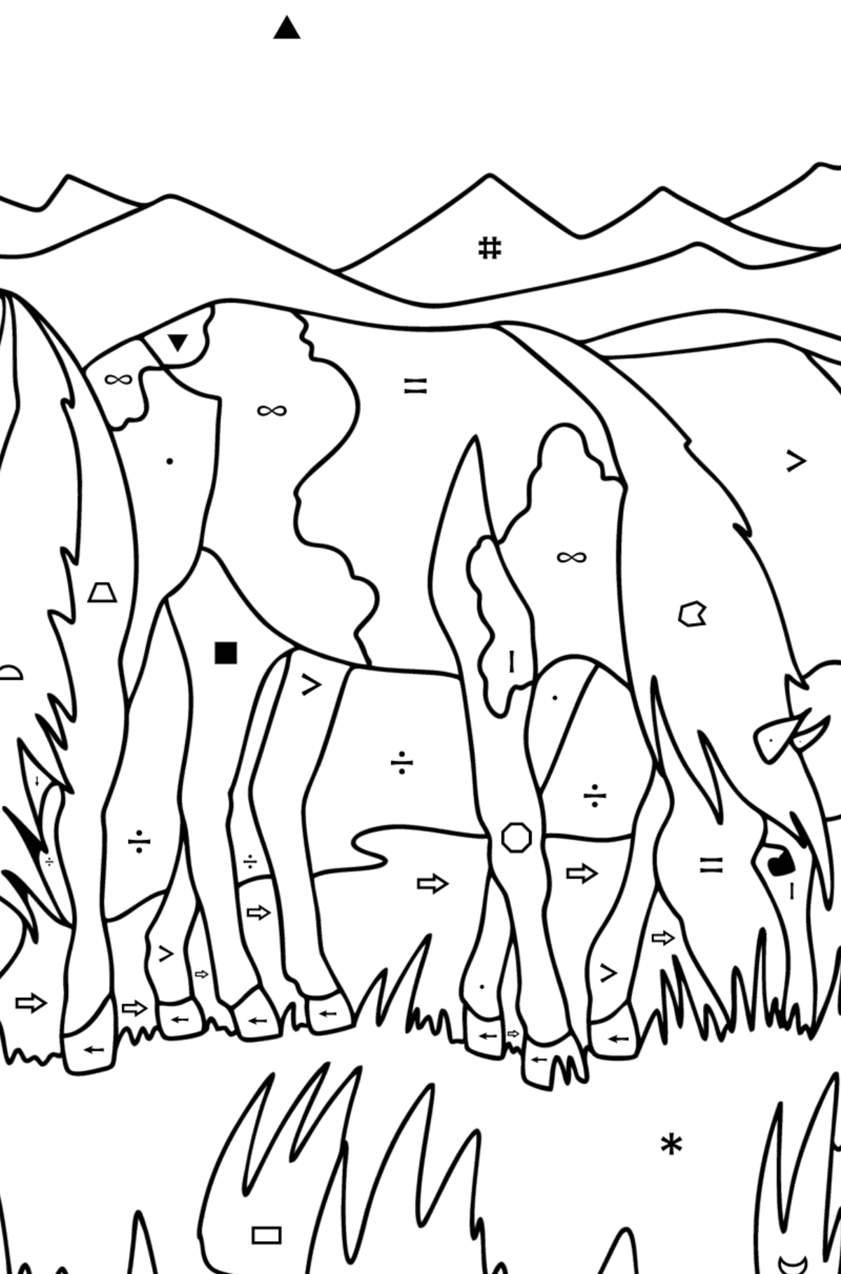 Horses graze сoloring page - Coloring by Symbols and Geometric Shapes for Kids