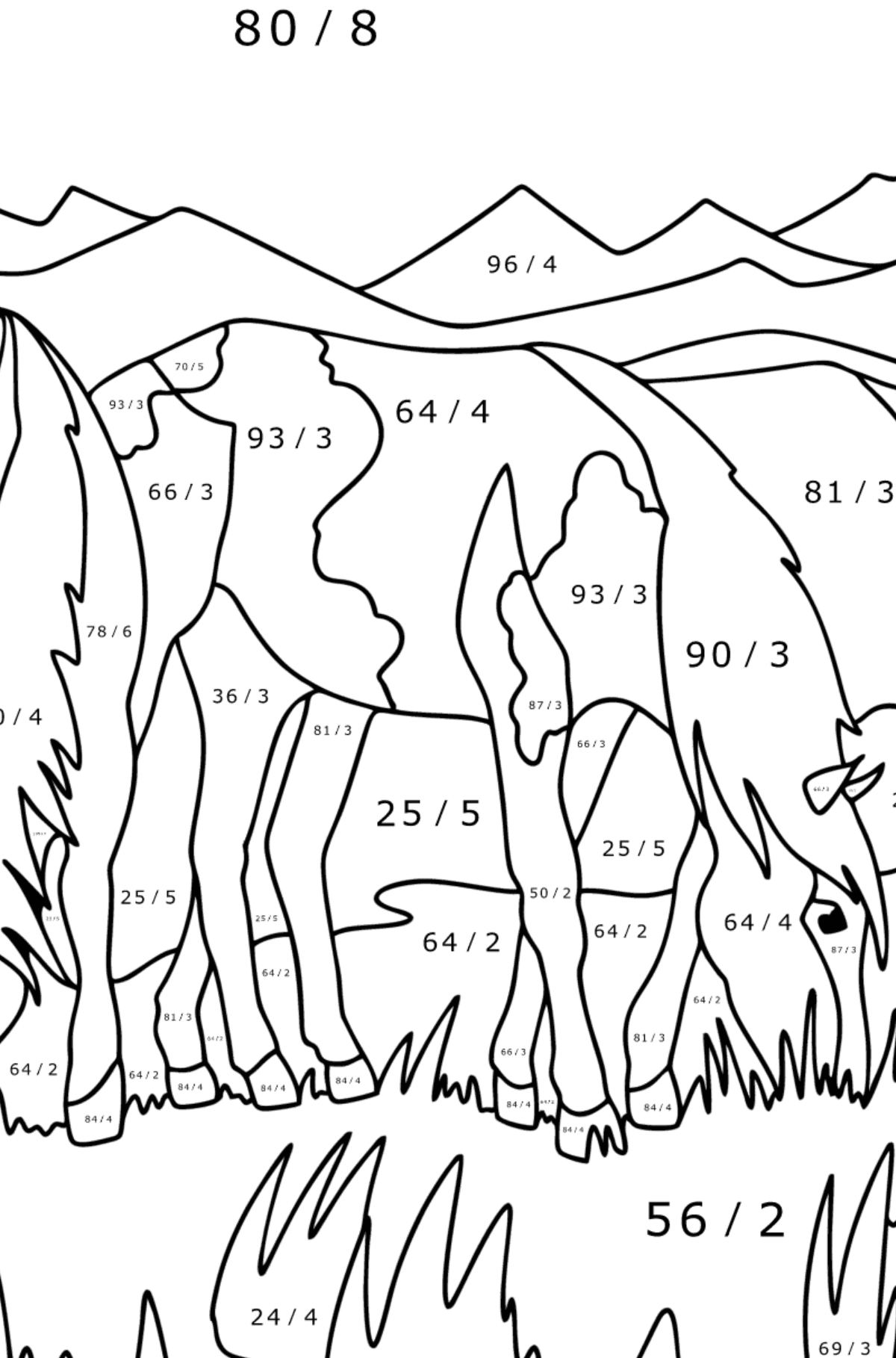 Målarbild Hästar betar - Matematik Färgläggning - Division För barn