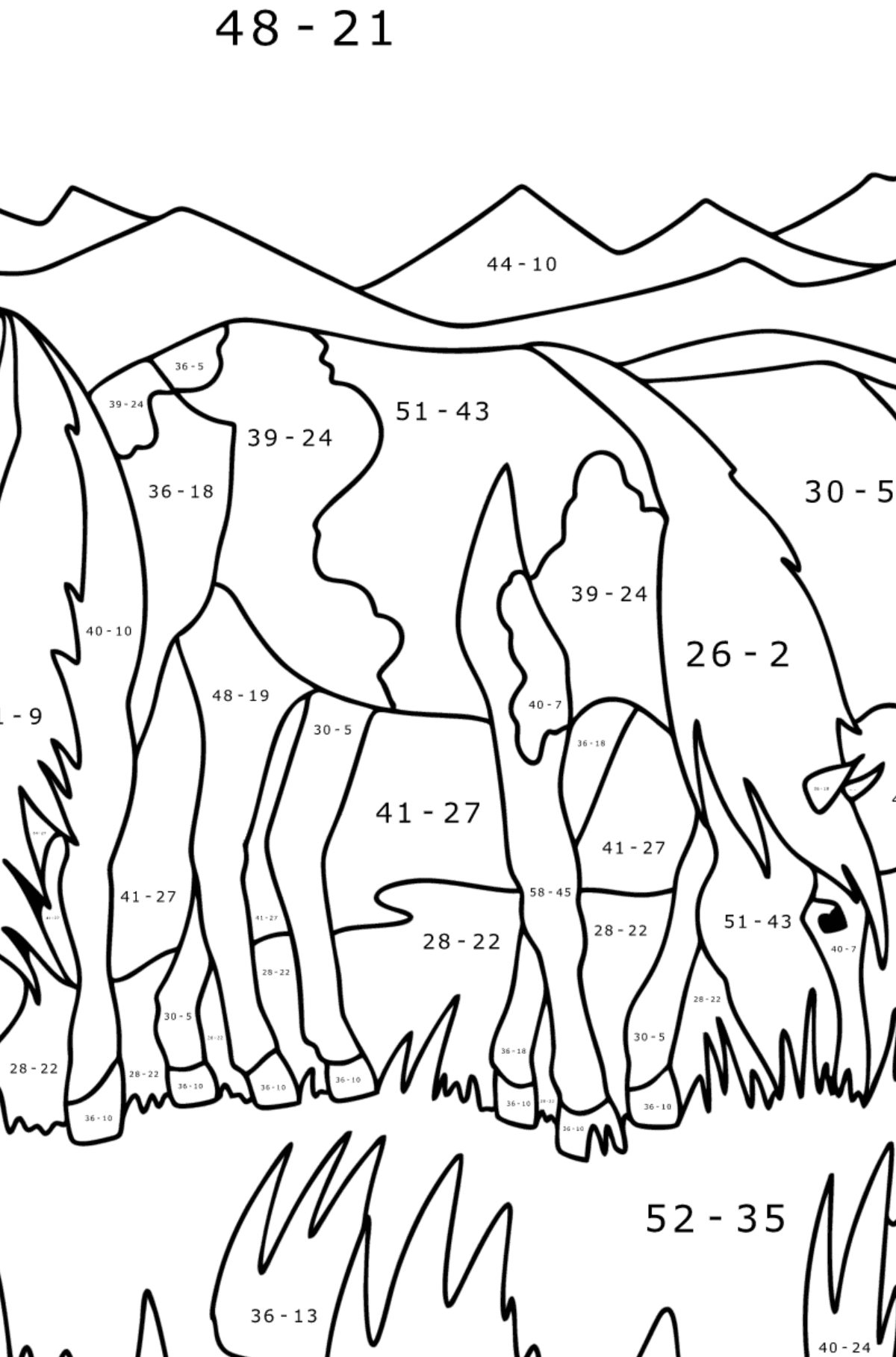 Målarbild Hästar betar - Matematik Färgläggning - Subtraktion För barn