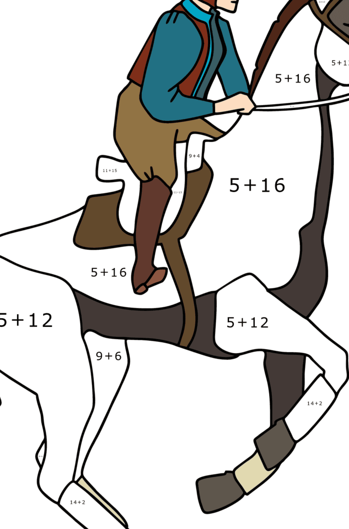 Ausmalbild Jockey zu Pferd - Mathe Ausmalbilder - Addition für Kinder