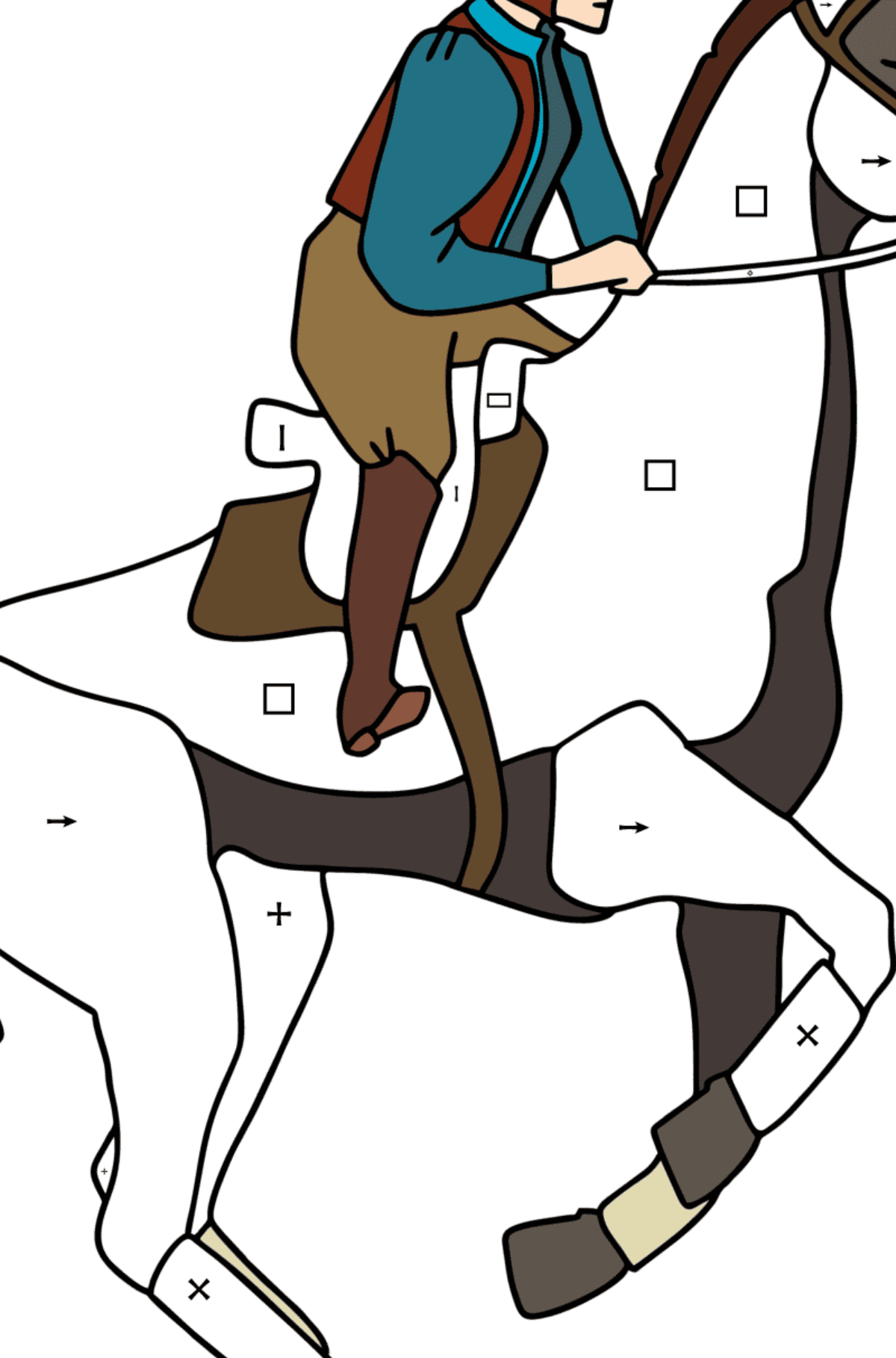 Ausmalbild Jockey zu Pferd - Ausmalen nach Symbolen für Kinder