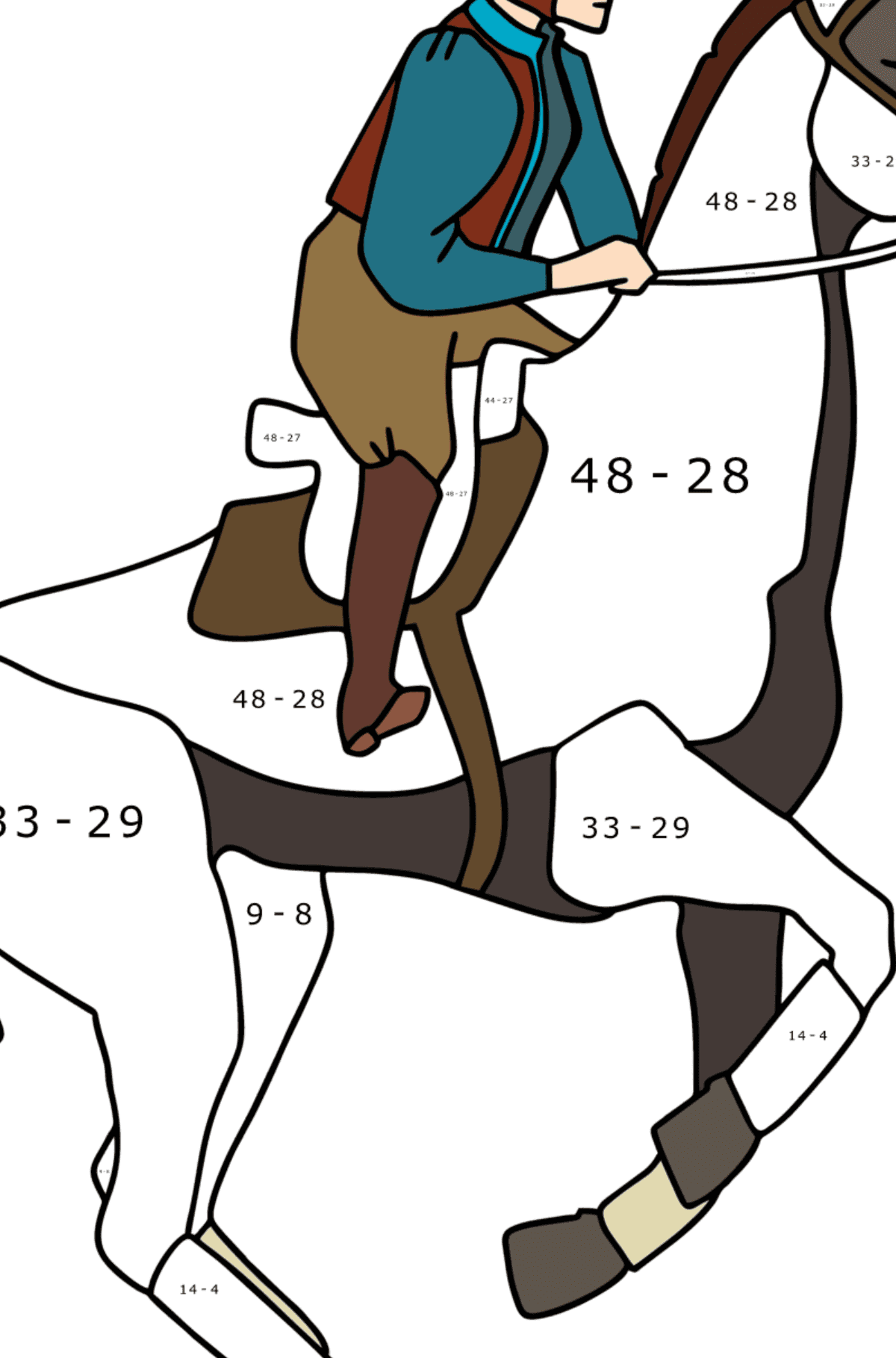 Ausmalbild Jockey zu Pferd - Mathe Ausmalbilder - Subtraktion für Kinder