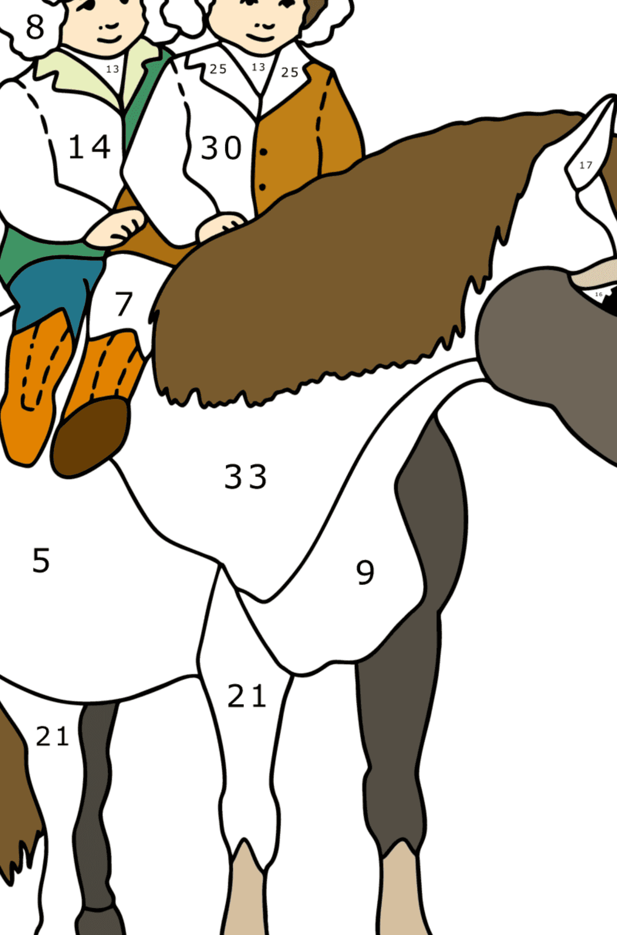 Ausmalbild Kinder reiten Pony - Malen nach Zahlen für Kinder