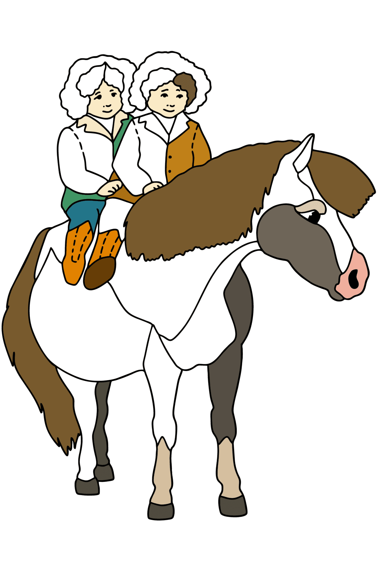 Ausmalbild Kinder reiten Pony - Malvorlagen für Kinder