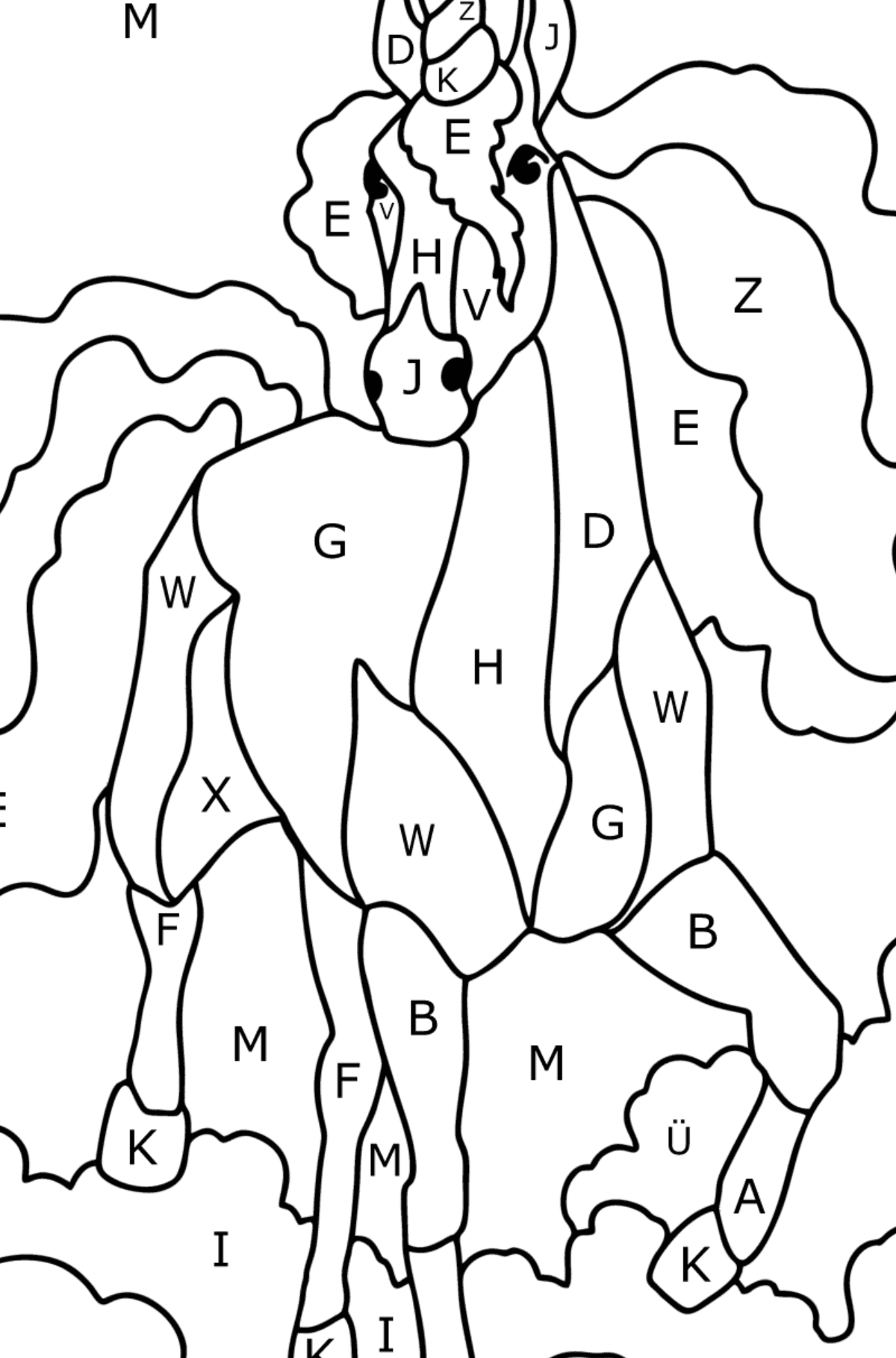 Ausmalbild Magisches Einhorn - Ausmalen nach Buchstaben für Kinder