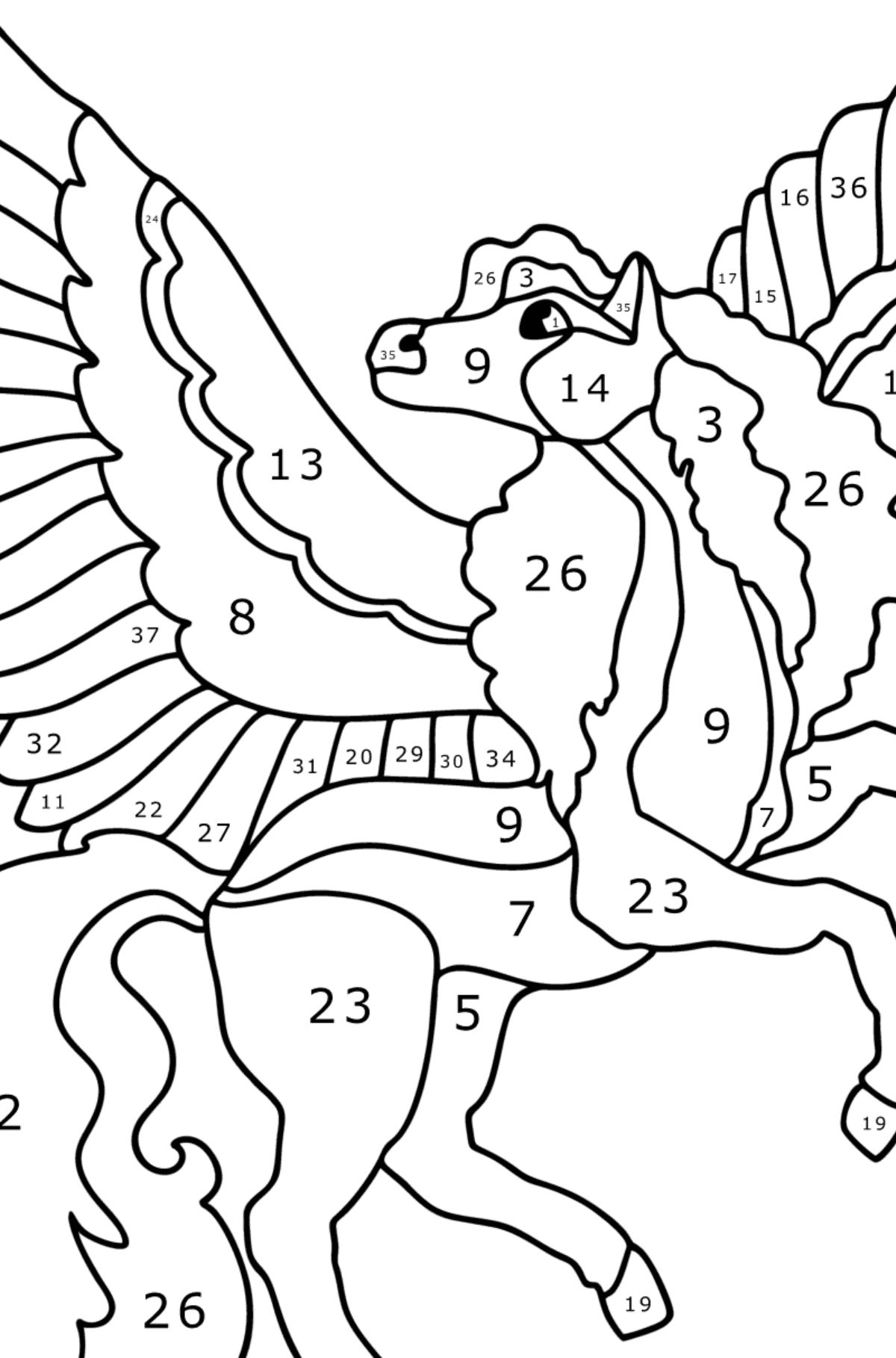 Målarbild Pegasus med rosa vingar - Färgläggning efter nummer För barn