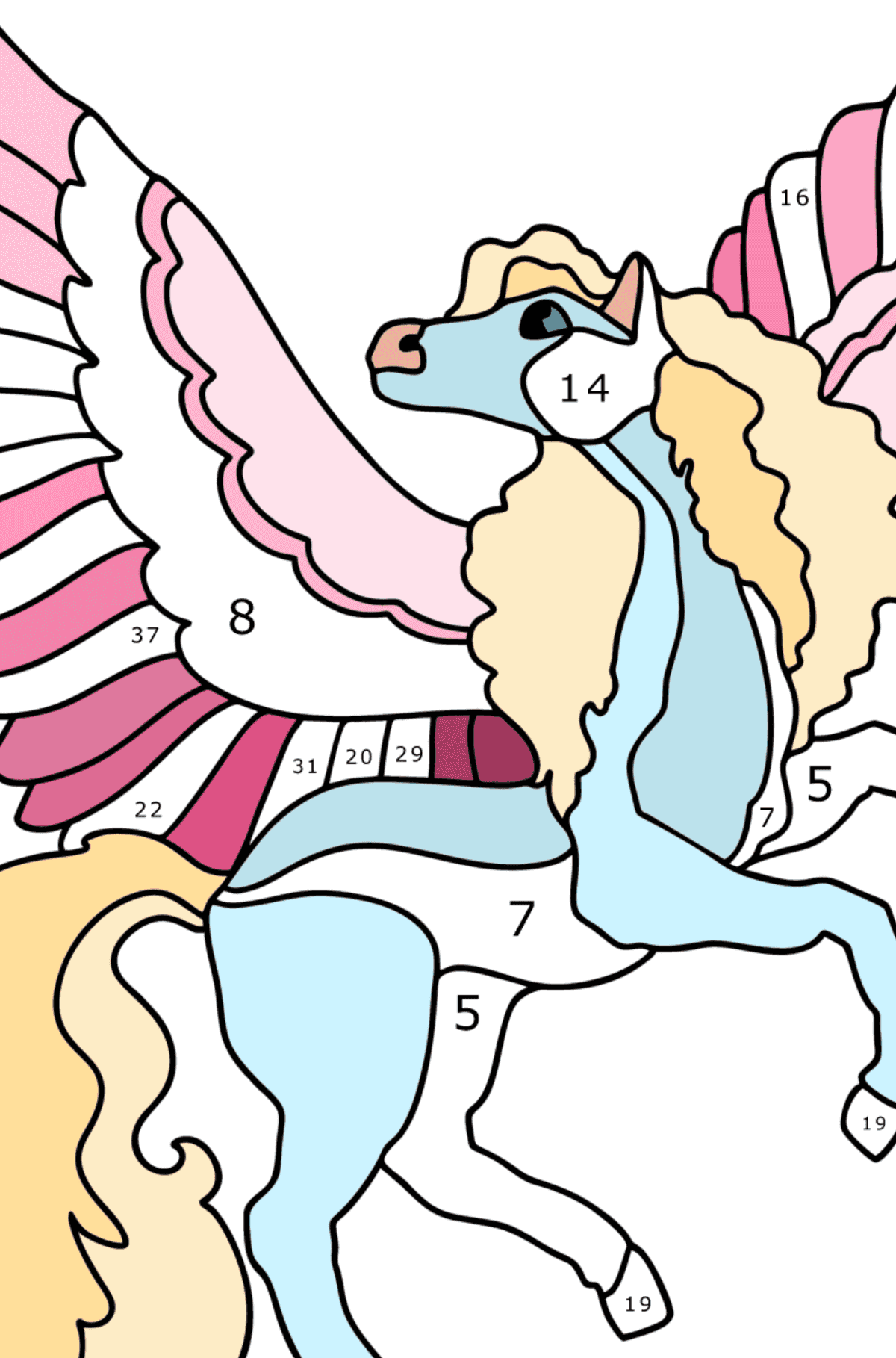 Ausmalbild Pegasus mit rosa Flügeln - Malen nach Zahlen für Kinder