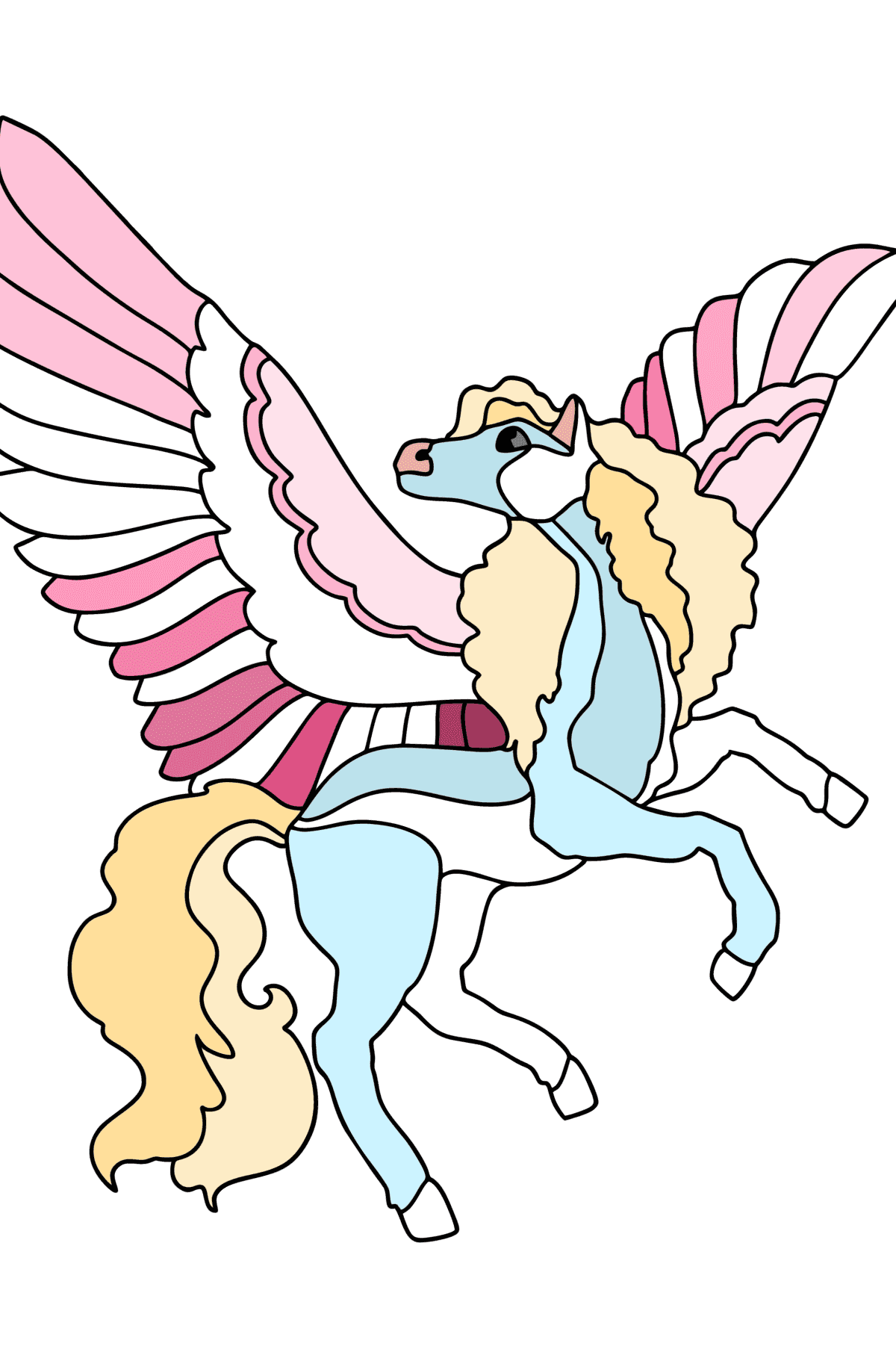 Mewarnai gambar Pegasus dengan sayap merah muda - Mewarnai gambar untuk anak-anak