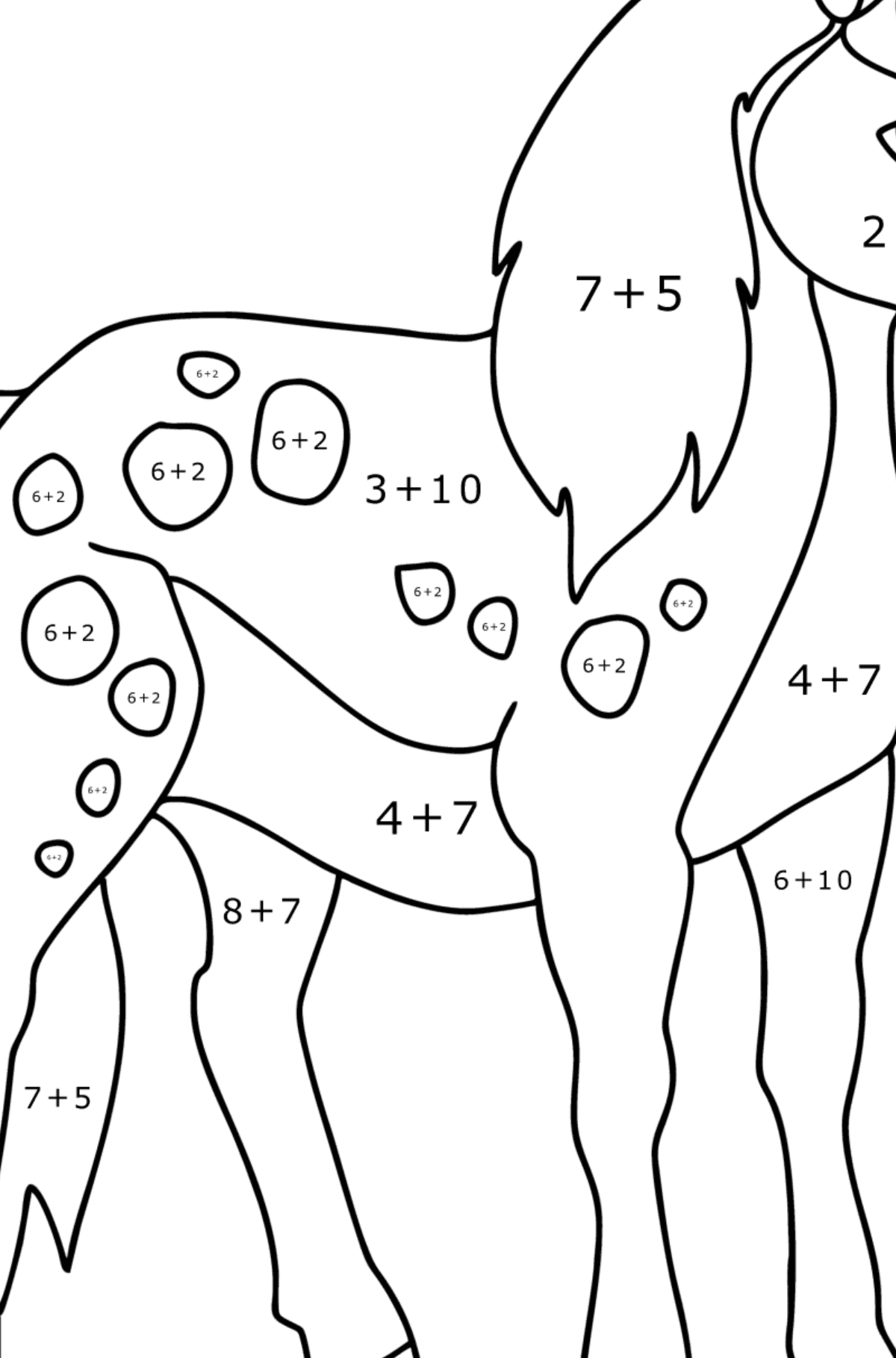 Mewarnai gambar Kuda poni asli - Pewarnaan Matematika: Pertambahan untuk anak-anak