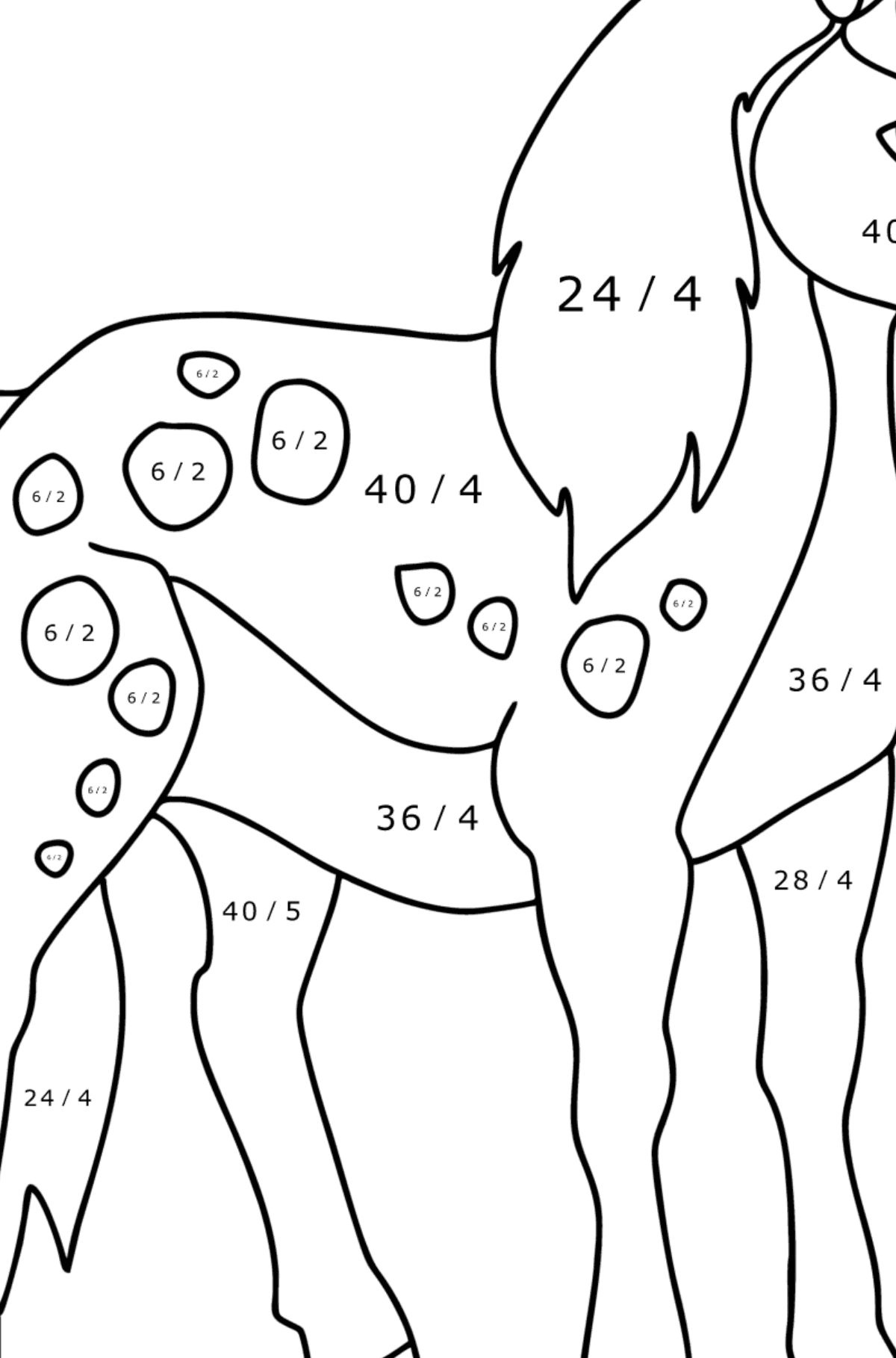 Mewarnai gambar Kuda poni asli - Pewarnaan Matematika: Pembagian untuk anak-anak