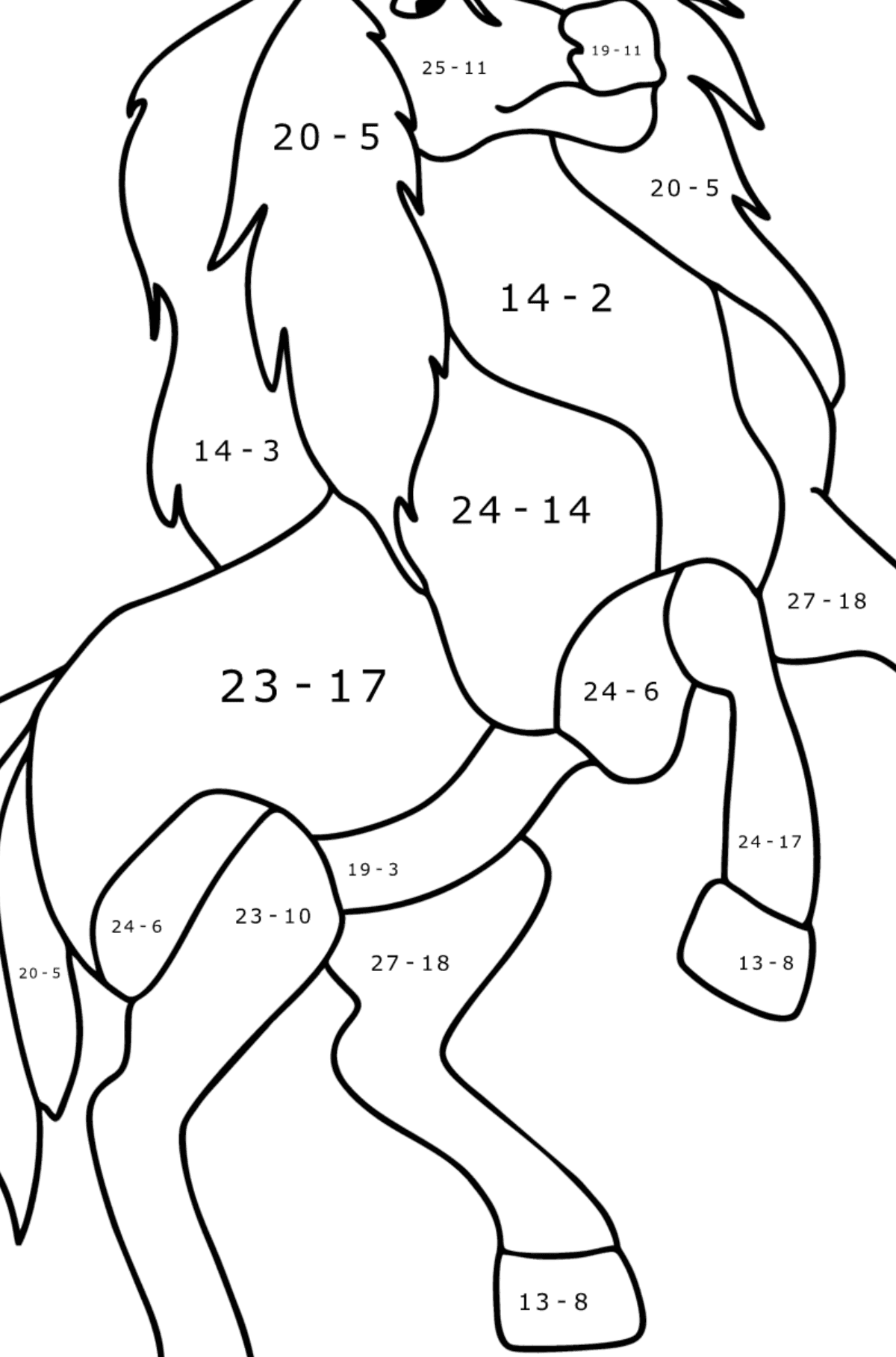 Mewarnai gambar Kuda arab muda - Pewarnaan Matematika: Pengurangan untuk anak-anak