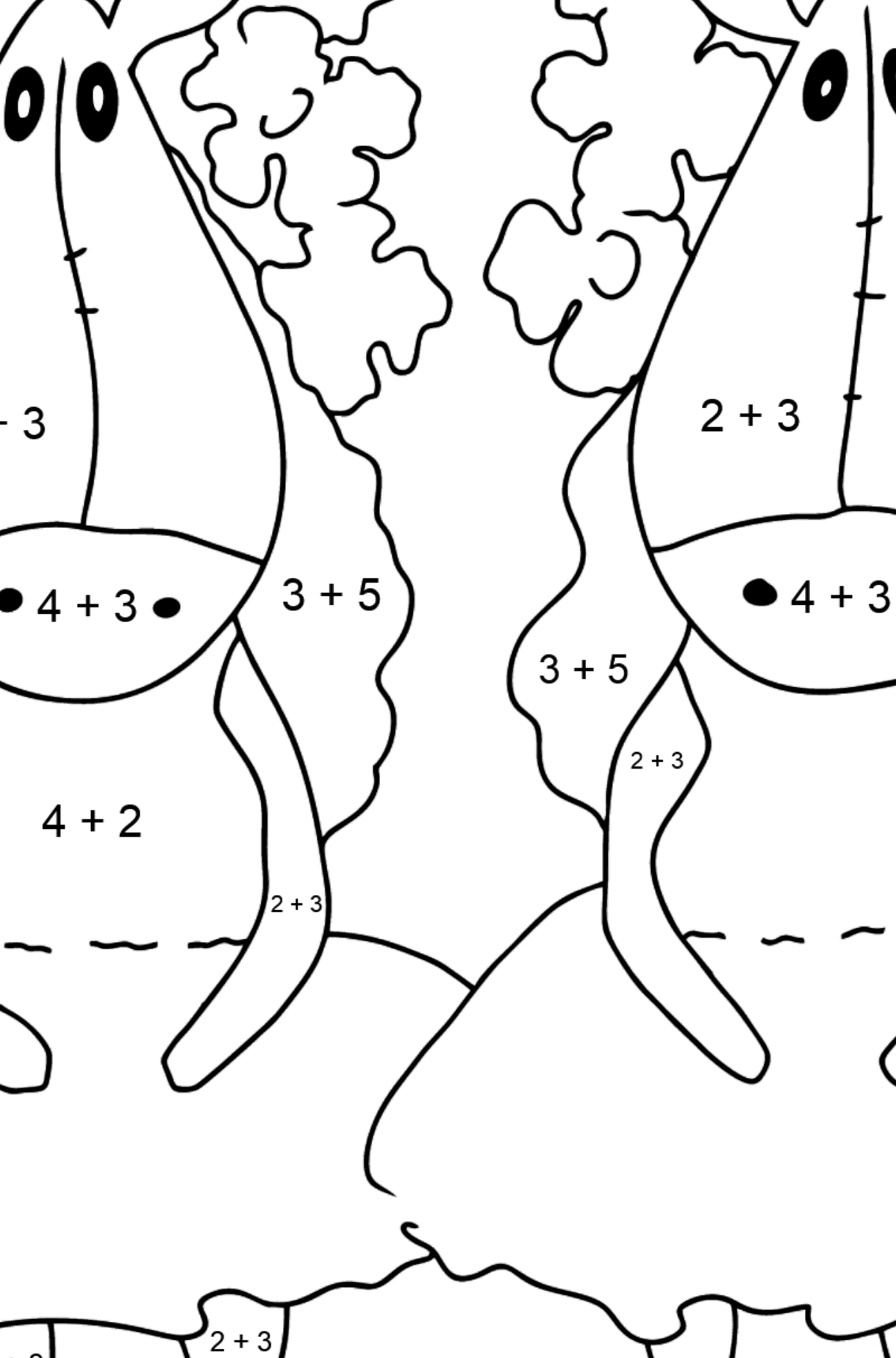 Einfache Malvorlage ein paar Pferde - Mathe Ausmalbilder - Addition für Kinder