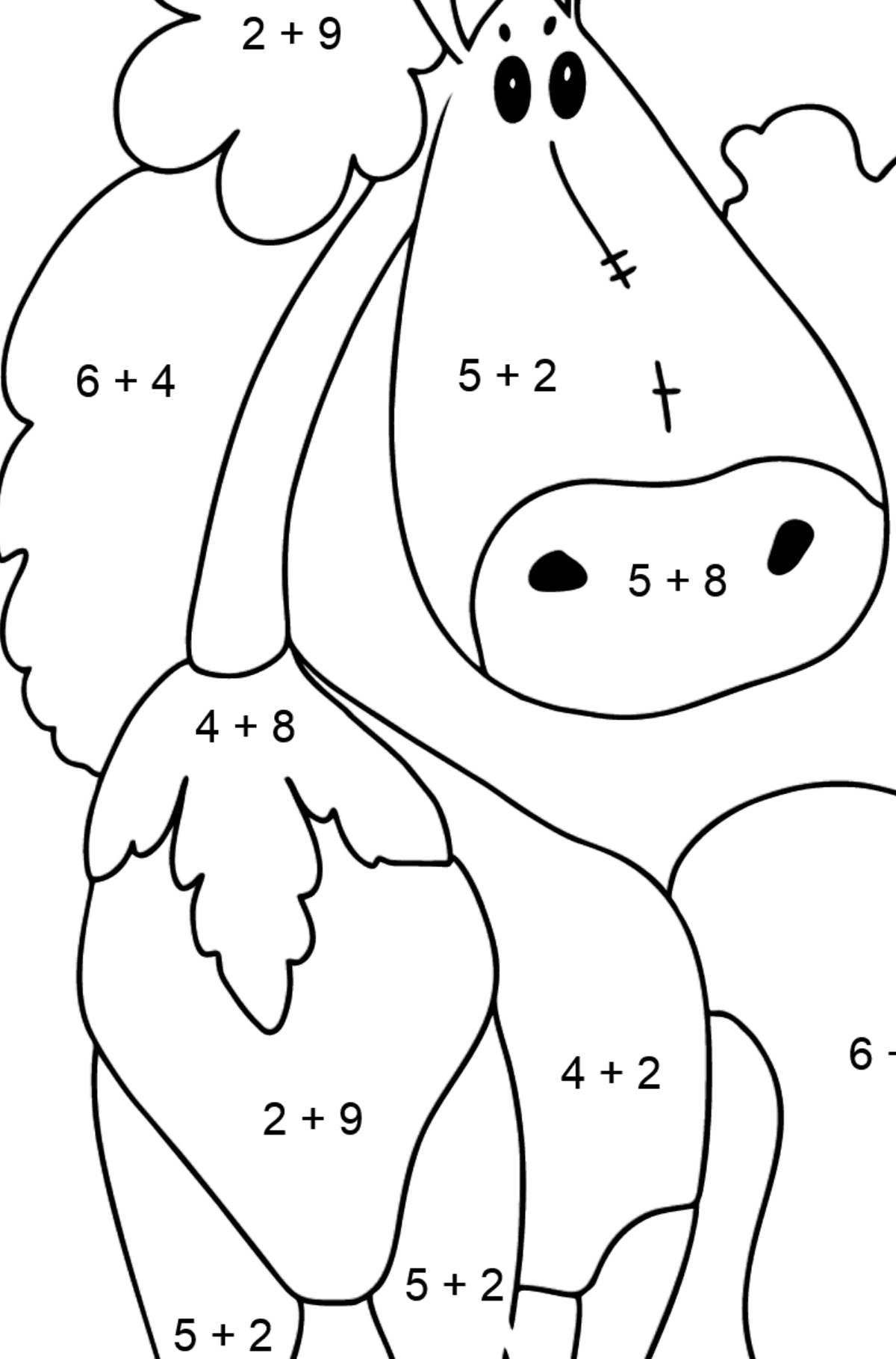Desenho de cavalo fashionista para colorir fácil - Colorindo com Matemática - Soma para Crianças