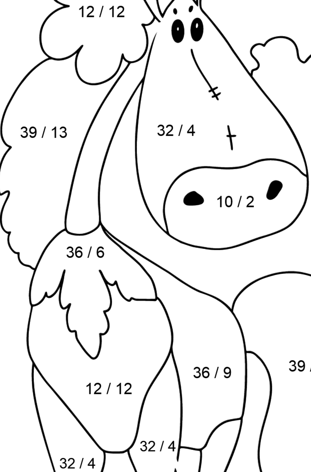 Розмальовка кінь модниці (просто) - Математична Розмальовка Ділення для дітей