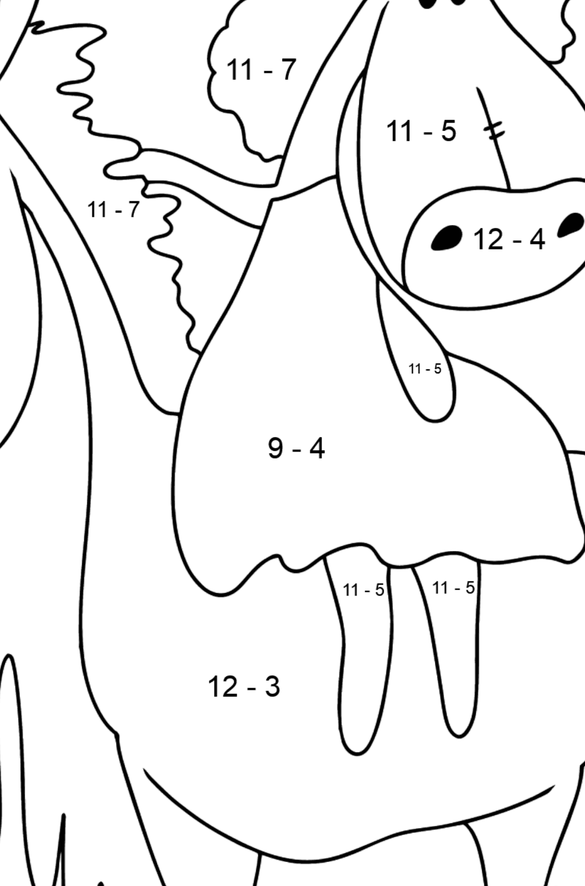 Einfache Ausmalbild ein Pferd für einen Spaziergang - Mathe Ausmalbilder - Subtraktion für Kinder