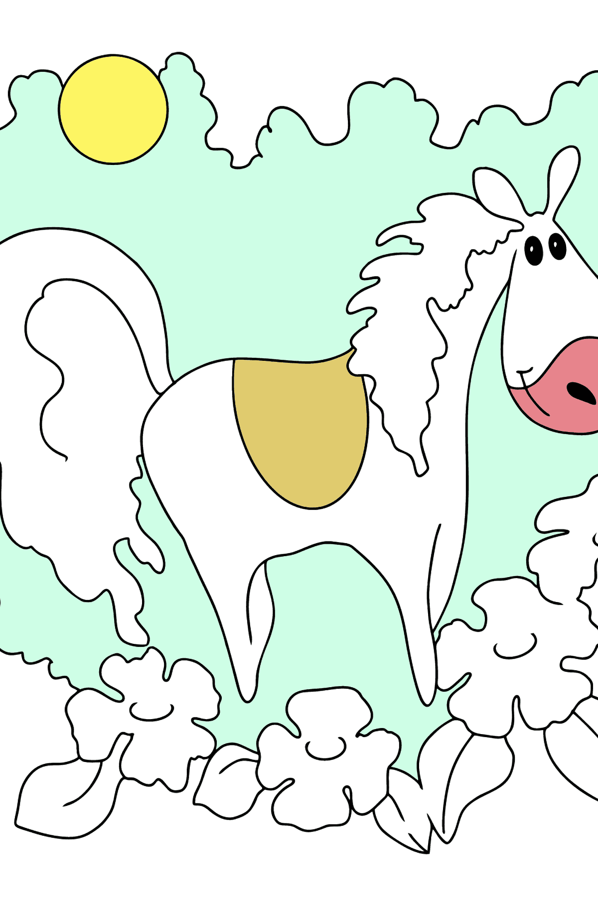 Dibujo para colorear simple un caballo en flores - Dibujos para Colorear para Niños
