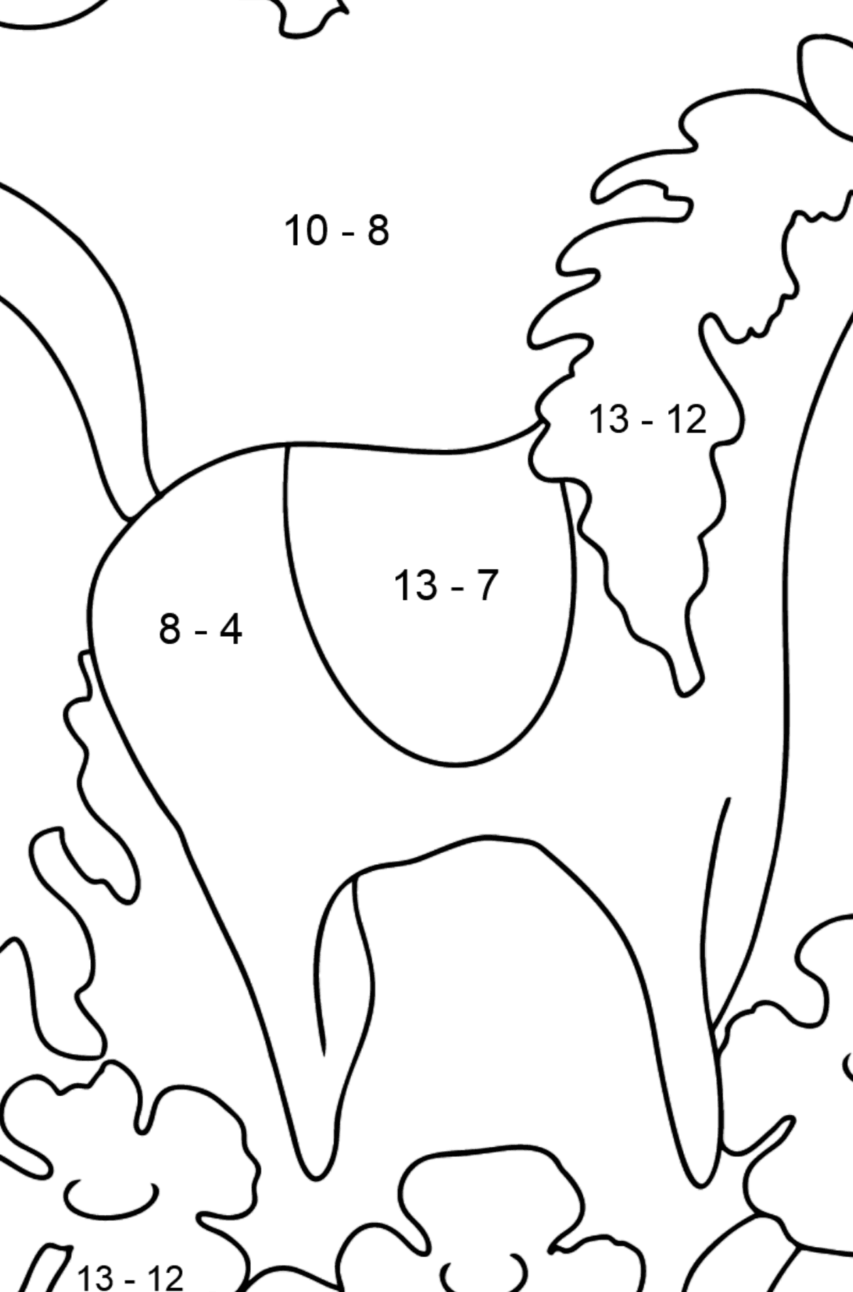 Desenho de Cavalo encantador para colorir fácil - Colorindo com Matemática - Subtração para Crianças