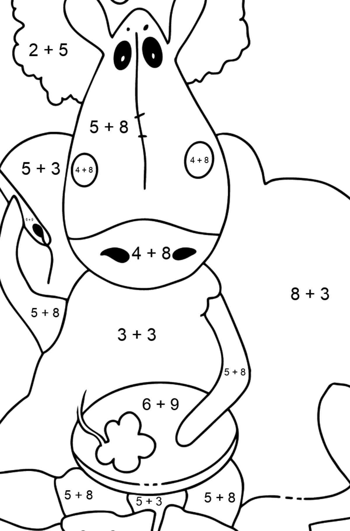 Einfache Malvorlage ein Pferd auf dem Sofa - Mathe Ausmalbilder - Addition für Kinder