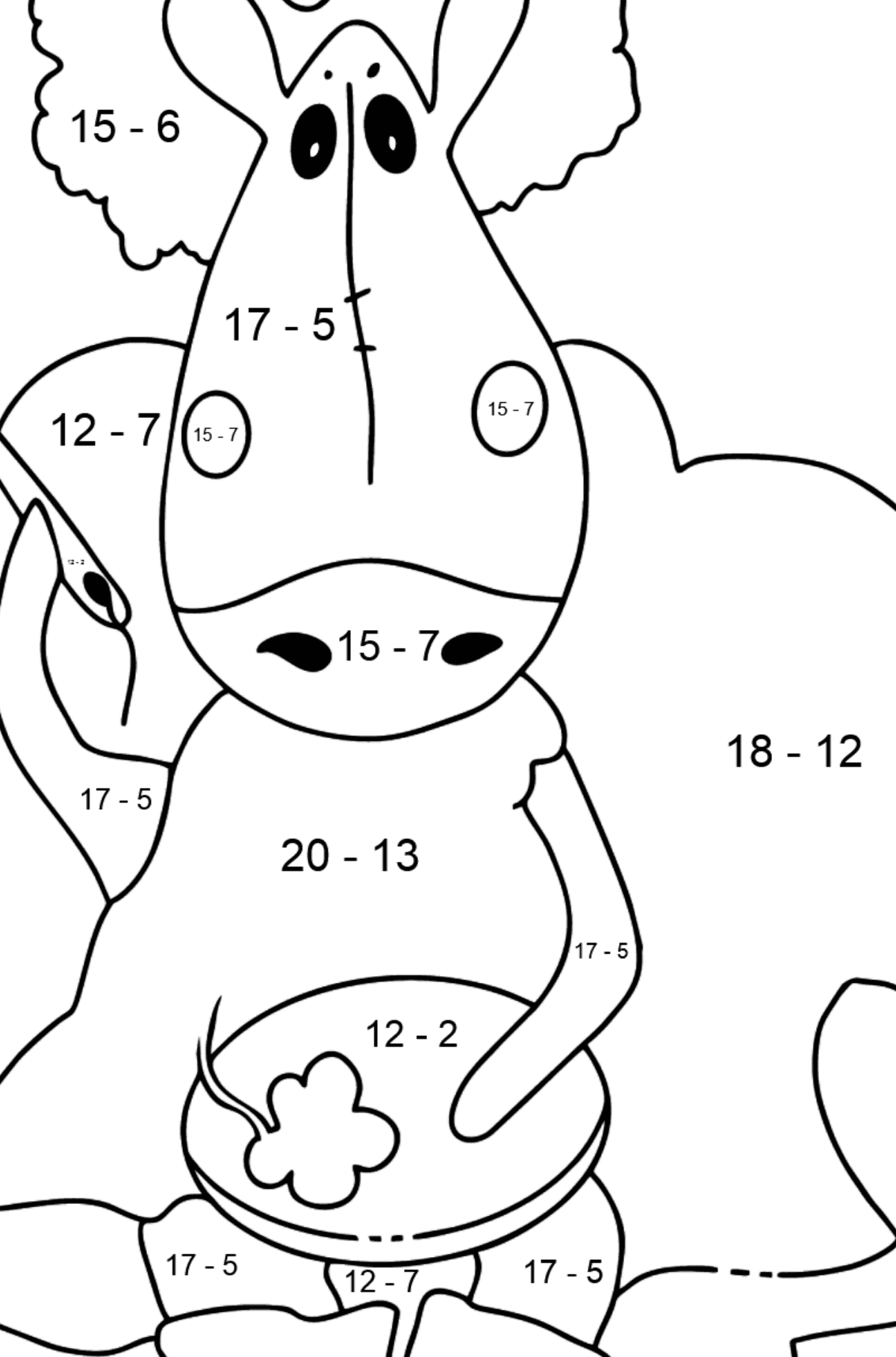 Конячка Розмальовка для малюків - Математична Розмальовка Віднімання для дітей