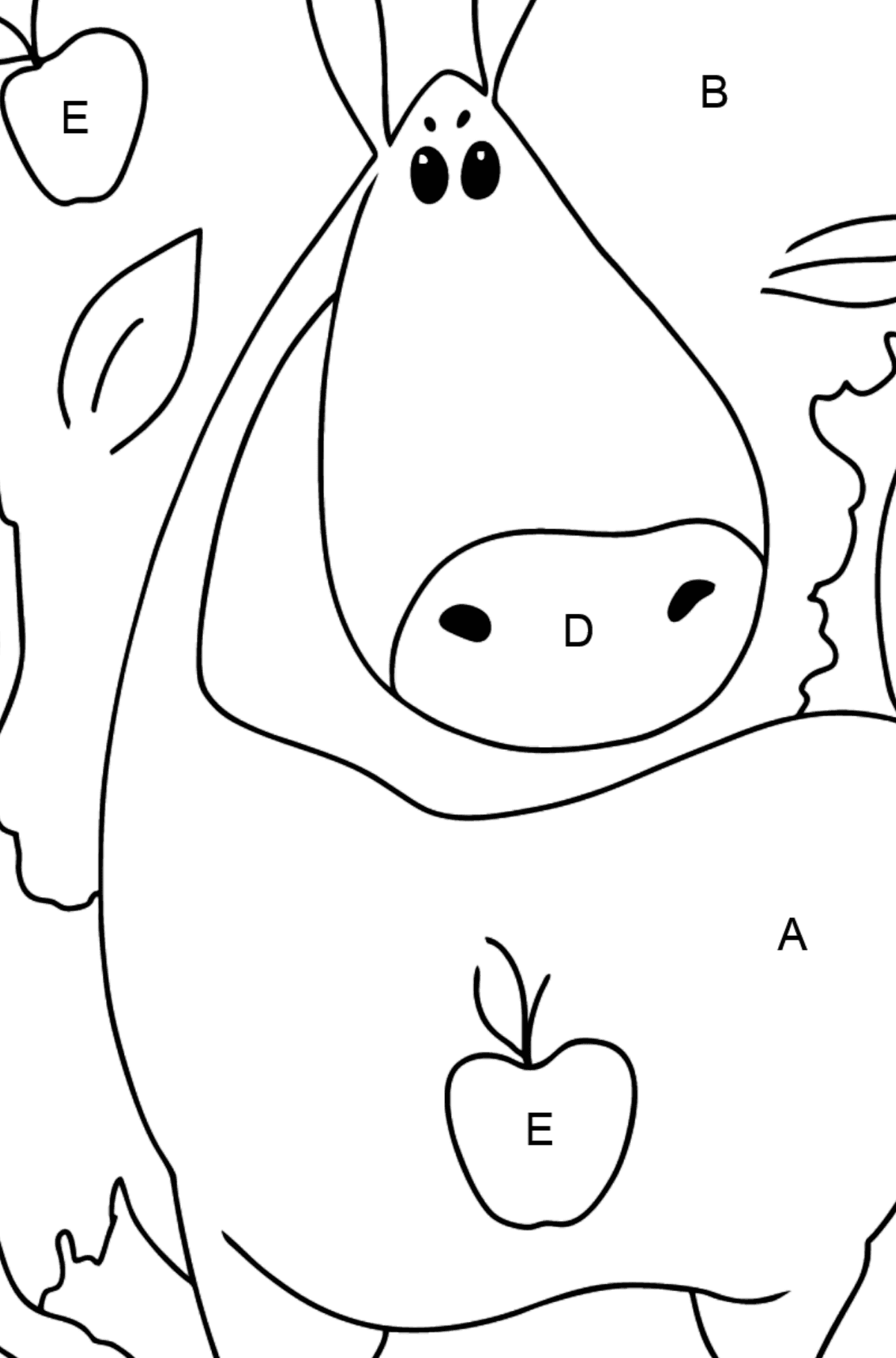 Dibujo para colorear simple un caballo con manzanas - Colorear por Letras para Niños