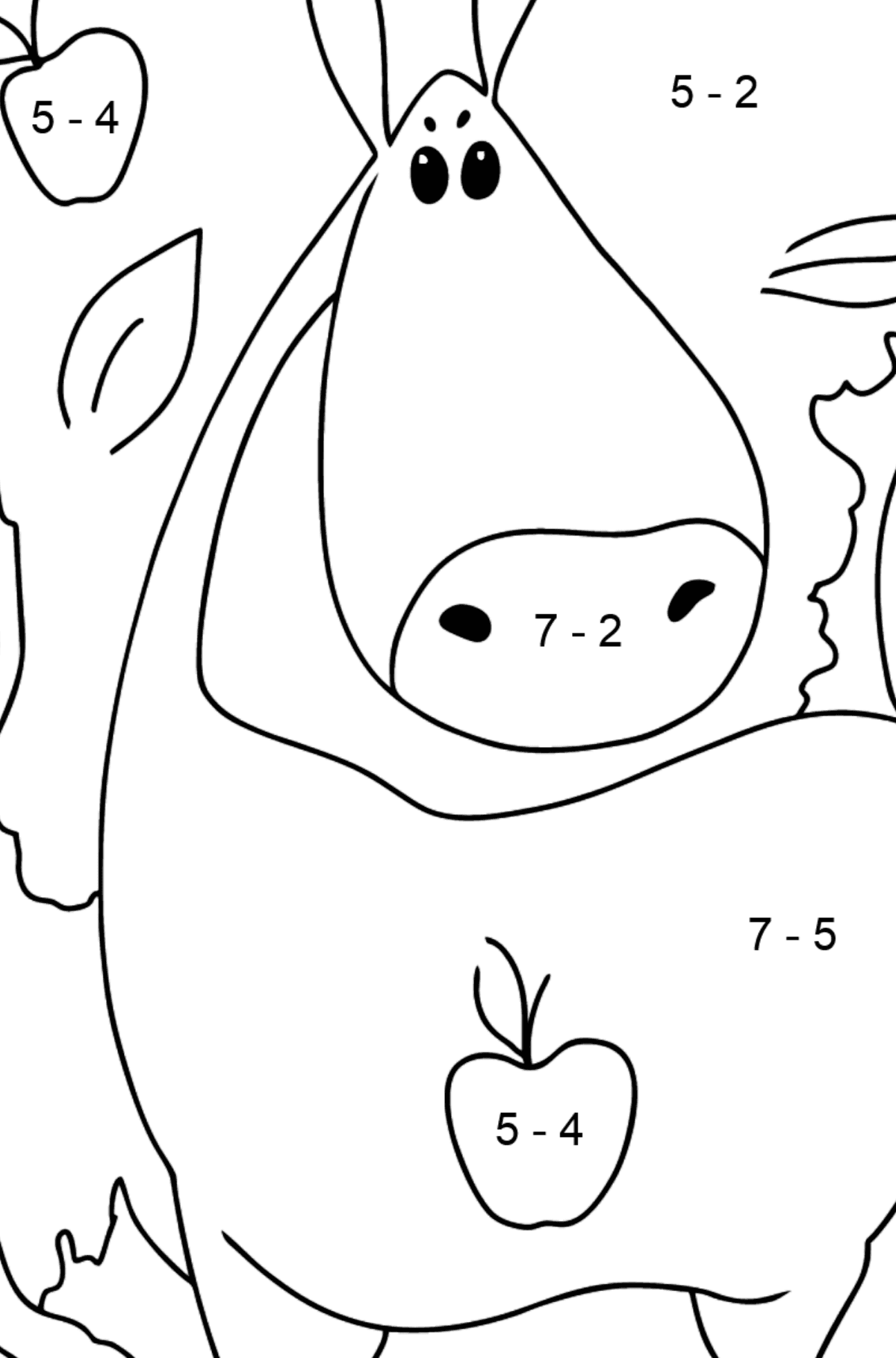 Einfache Ausmalbild ein Pferd mit Äpfeln - Mathe Ausmalbilder - Subtraktion für Kinder