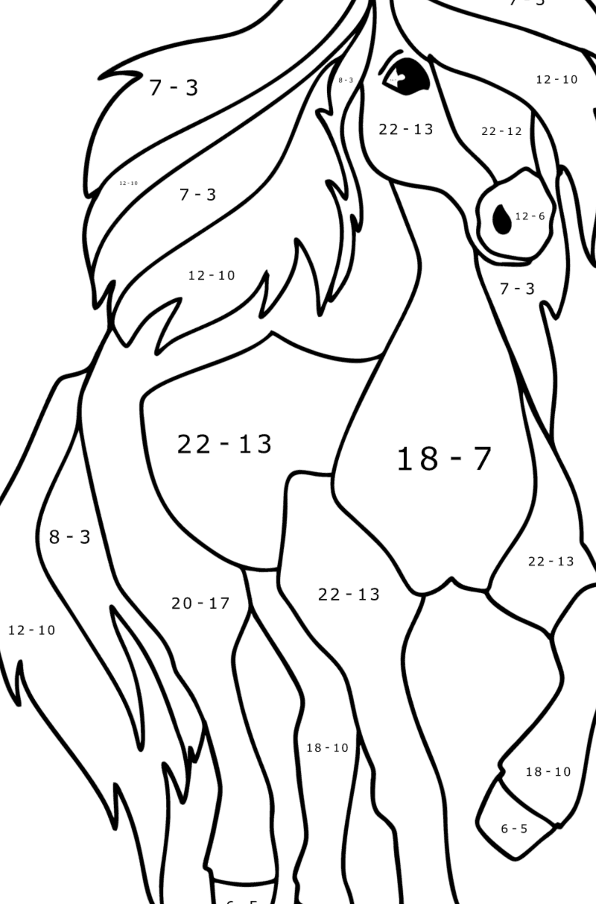 Målarbild Enkel häst - Matematik Färgläggning - Subtraktion För barn