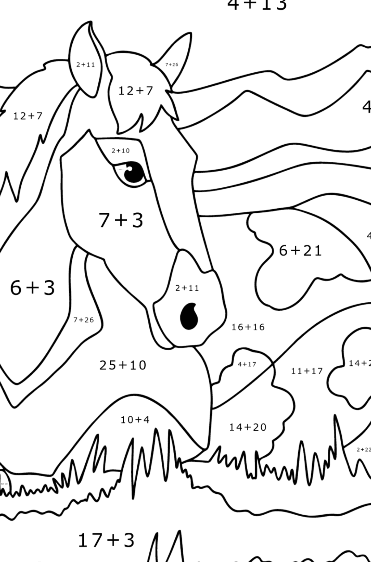 Mewarnai gambar Kuda tidur - Pewarnaan Matematika: Pertambahan untuk anak-anak