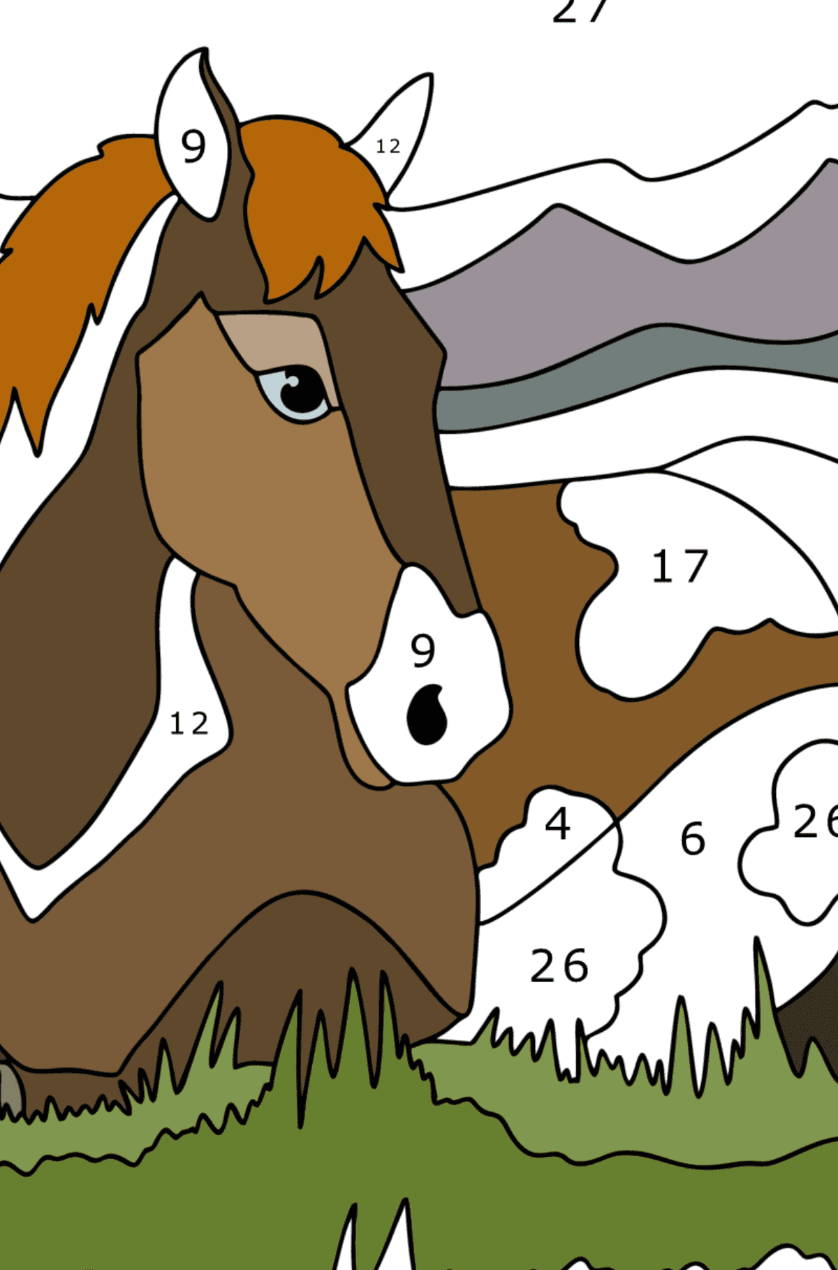 Раскраска Спящая лошадь - По Номерам для Детей