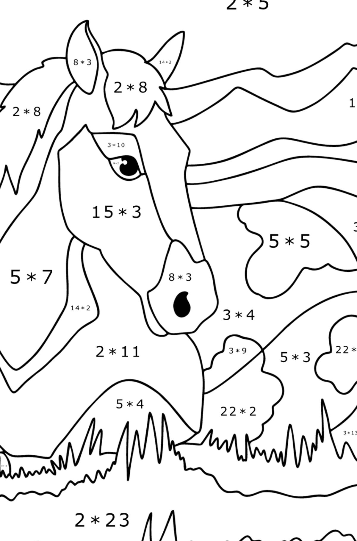 Mewarnai gambar Kuda tidur - Pewarnaan Matematika: Penjumlahan untuk anak-anak