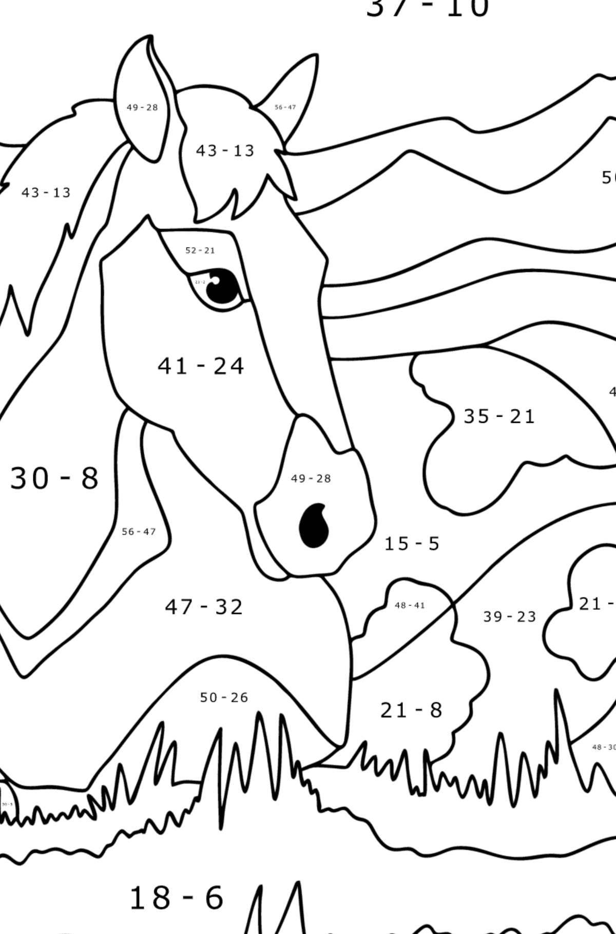 Mewarnai gambar Kuda tidur - Pewarnaan Matematika: Pengurangan untuk anak-anak