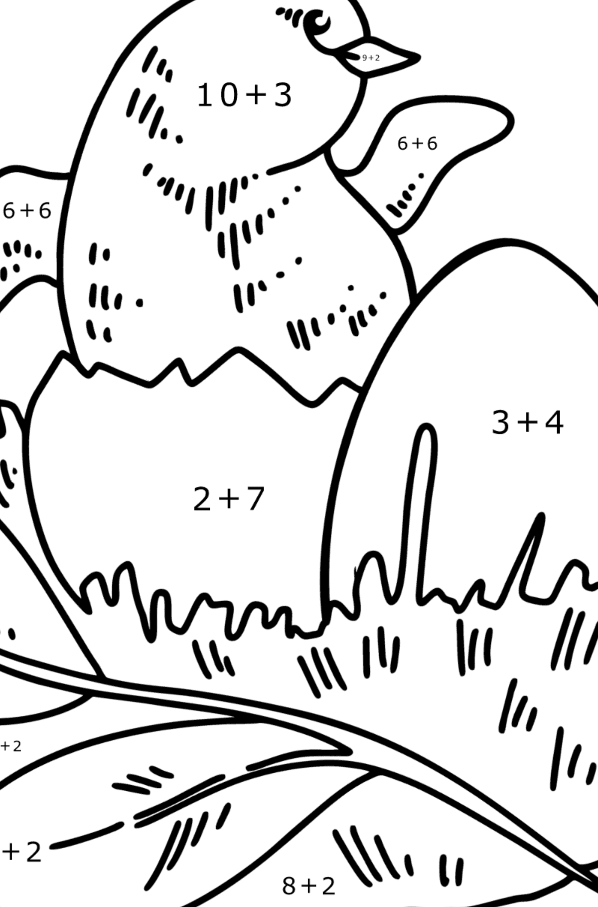Omalovánka mládě v hnízdě - Matematická Omalovánka - Sčítání pro děti