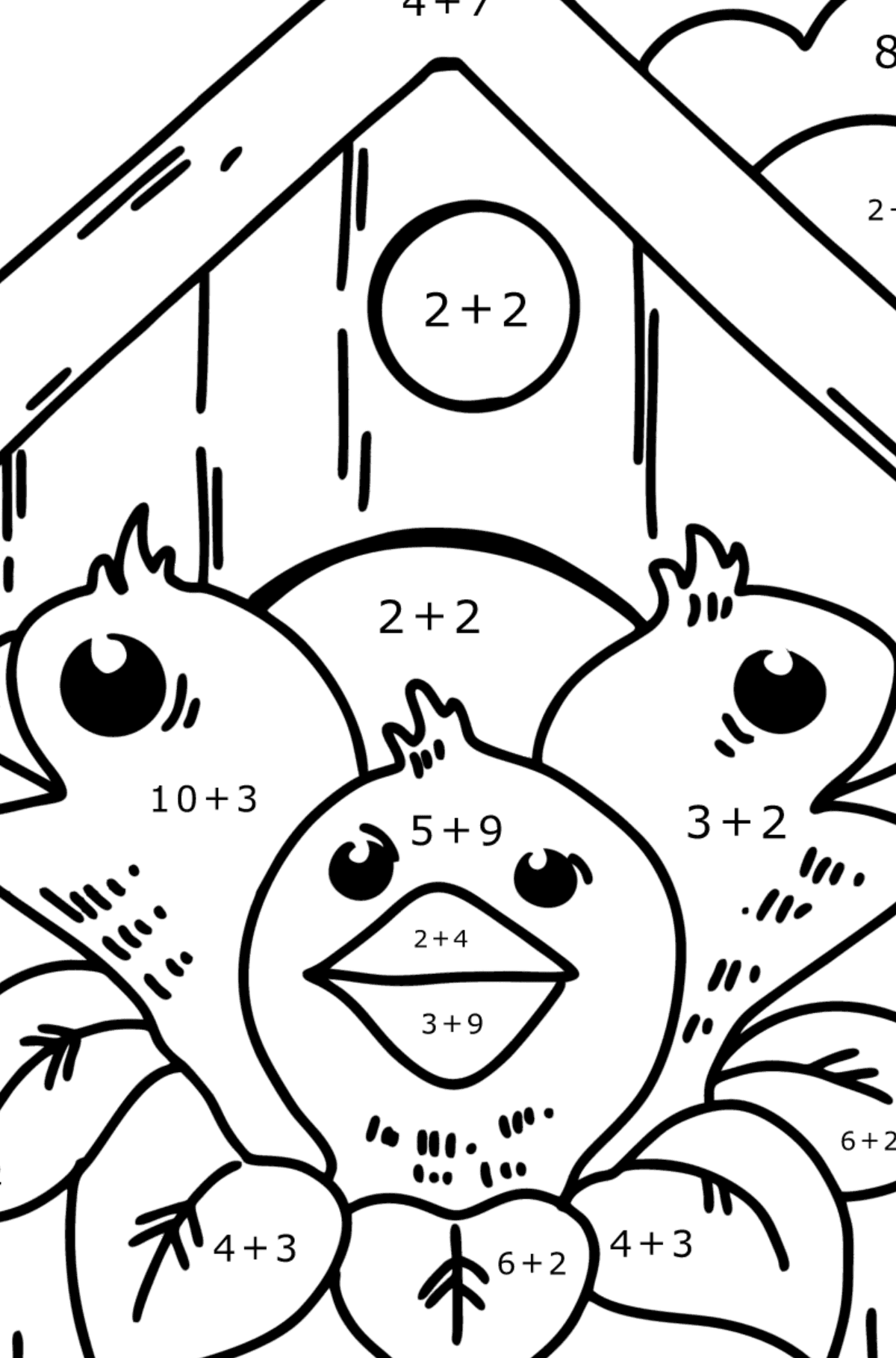 Chicks in a Birdhouse coloring page - Math Coloring - Addition for Kids