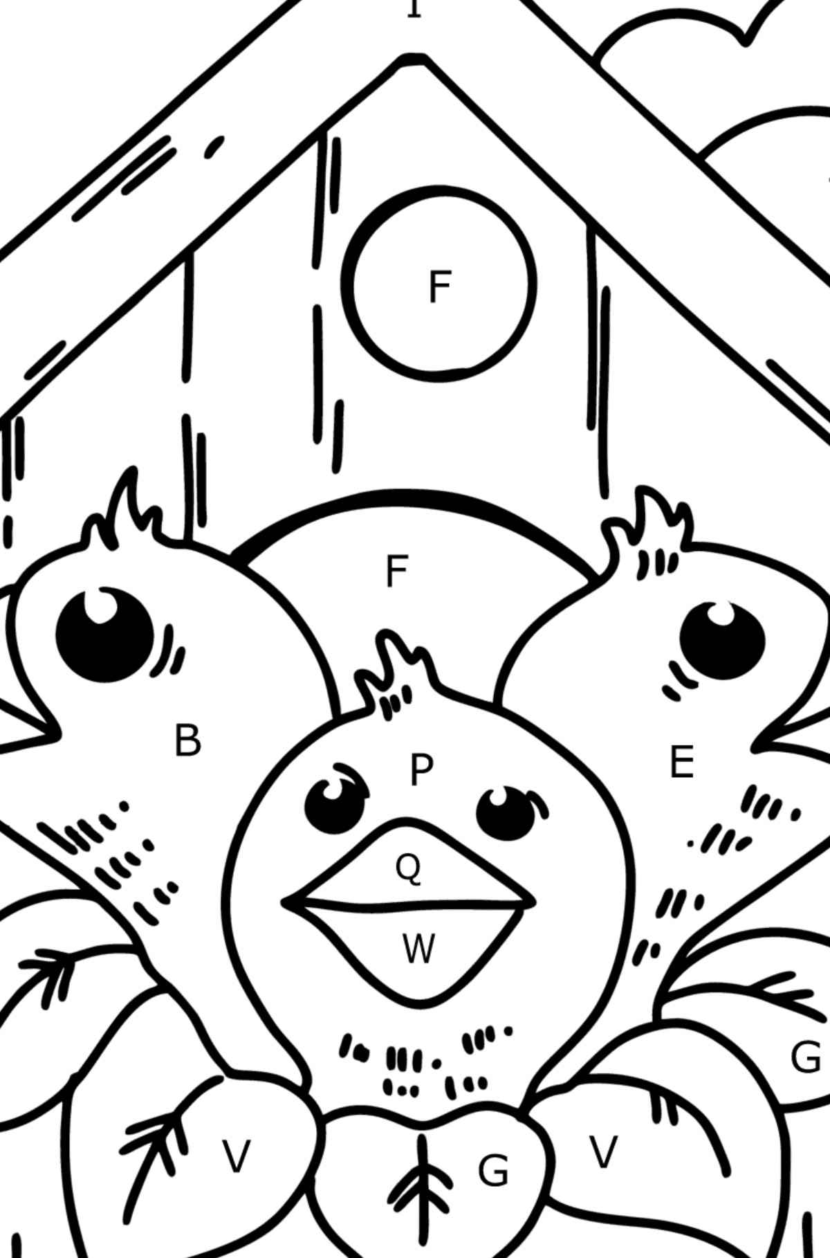 Chicks in a Birdhouse coloring page - Coloring by Letters for Kids