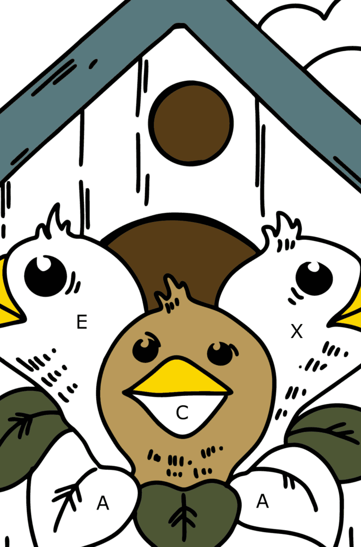Ausmalbild Küken in einem Vogelhaus - Ausmalen nach Buchstaben für Kinder